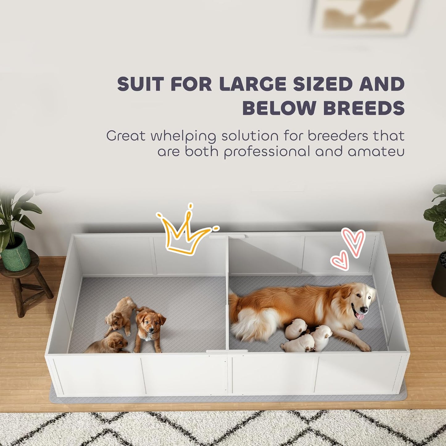 PawHut Whelping Box for Dogs and Puppies, Whelping Pen with Washable Waterproof Pee Pad & Adjustable Door for Large, Medium and Small Dogs, White, 96" x 47" x 19"