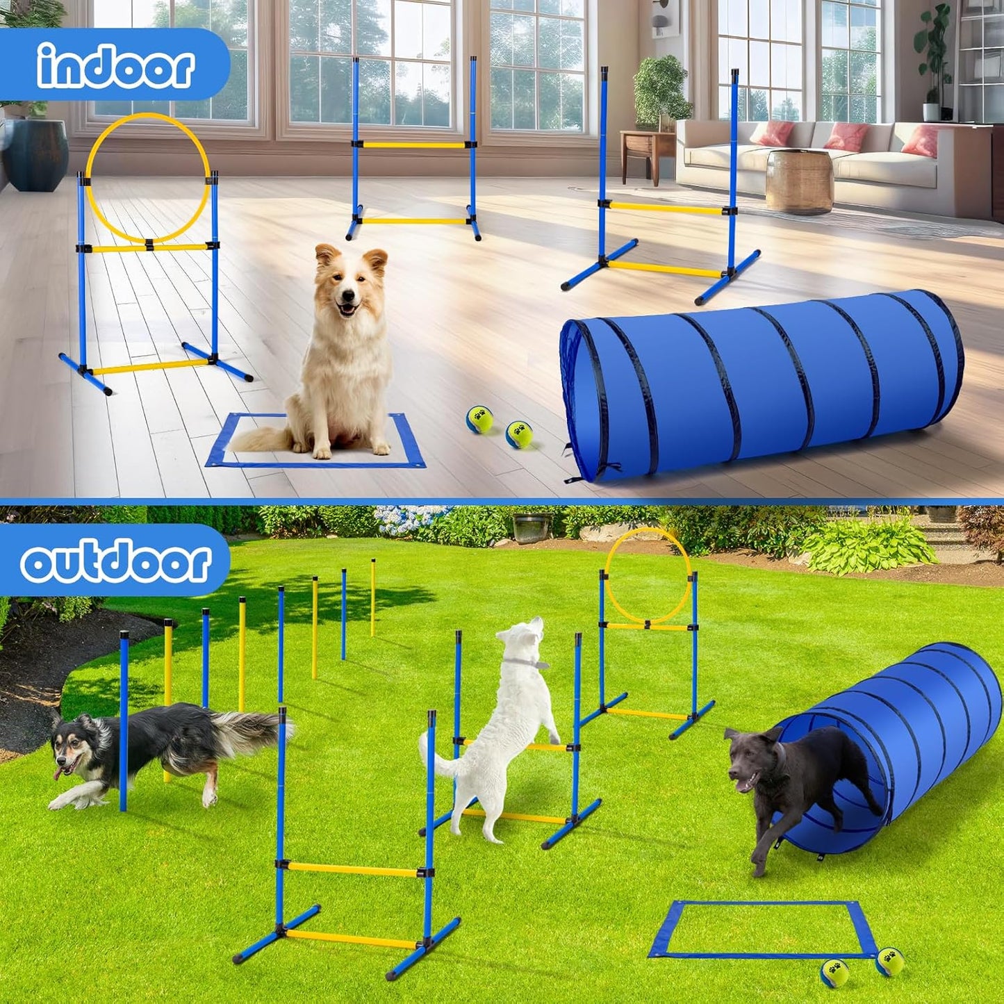 Dog Agility Course Backyard Set，Dog Agility Equipment, Dog Obstacle Course Backyard With 2-Set Agility Hurdle ，Jump Ring, 8 Weave Poles, Tunnel, Pause Box, Toy Balls And 2 Portable Carrying Bags