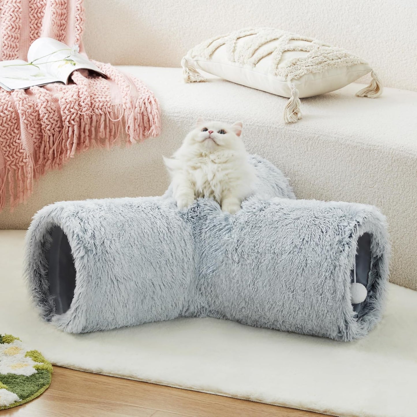 Tempcore Plush Pet Cat Tunnel Tube Cat Toys 3 Way Collapsible, Tunnels for Indoor Cats，Kitty Tunnel Bored Pet Toys Peek Hole Toy Ball Puppy, Kitty, Kitten, Rabbit Light Grey