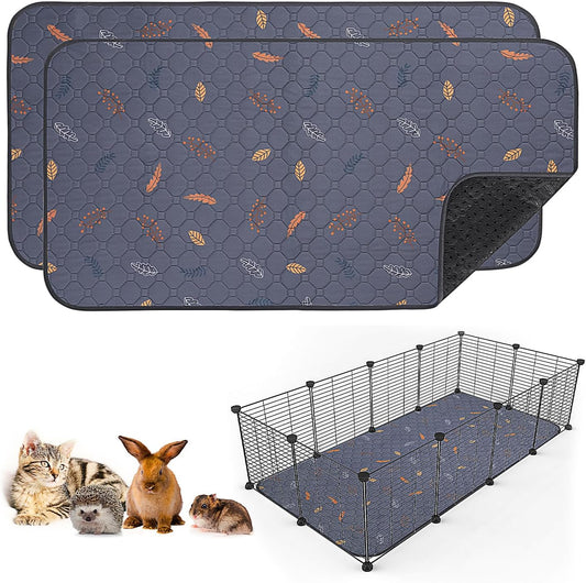 Sunheir 2 Pack Washable Guinea Pig Pee Pads, 24" x 48" Waterproof Reusable Guinea Pig Cage Liners, Absorbent Bedding Training Mat for Small Animal Guinea Pigs Rabbit Bunny Hamster (Leaves - Deep Grey)