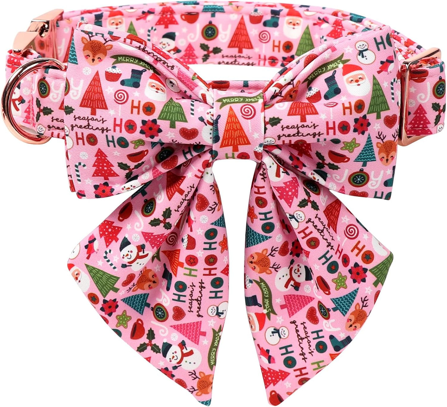 Lionet Paws Christmas Dog Collar with Sailor Bow, Cute Ho Christmas Tree Snowman Pink Dog Collar Bow Tie for X-Large Dogs, Neck 16-26 inches