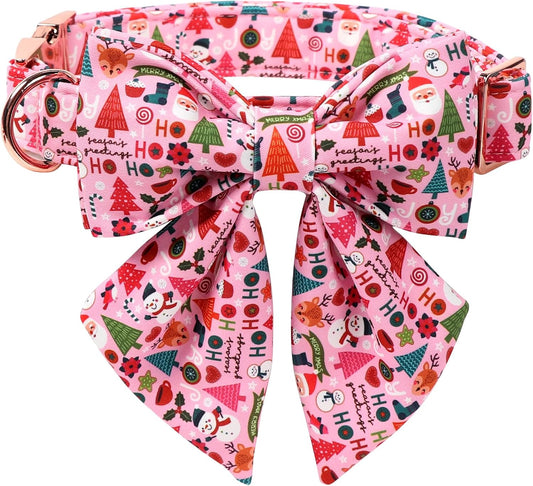 Lionet Paws Christmas Dog Collar with Sailor Bow, Cute Ho Christmas Tree Snowman Pink Dog Collar Bow Tie for Dogs, Small, Neck 10-16 inches