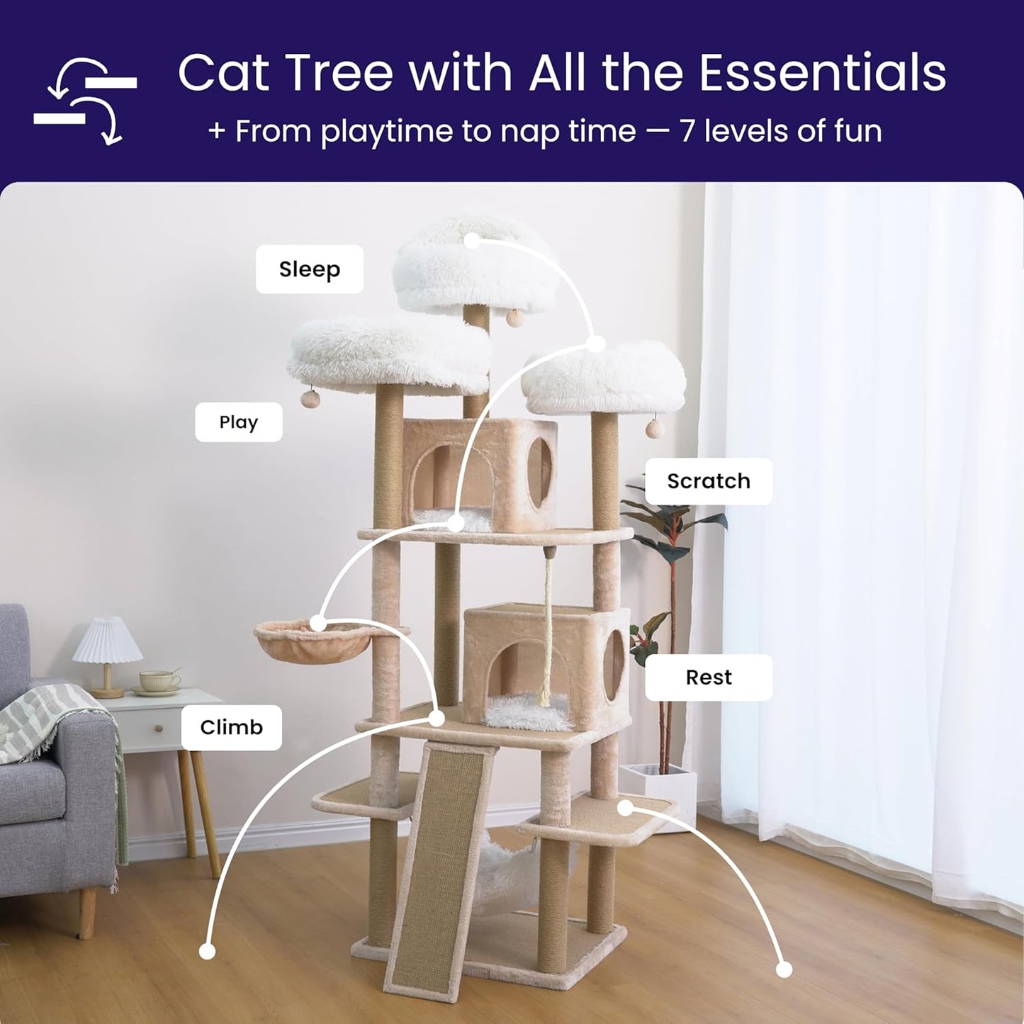 Catry 74.5" High 7-Level Extra Large Cat Tree with 2 Condos,2 Hammock,3 Washable Top Beds, Scratching Ramp Pad, Replaceable Scratching Posts, for Multi-Cat Homes (Light Brown &White)