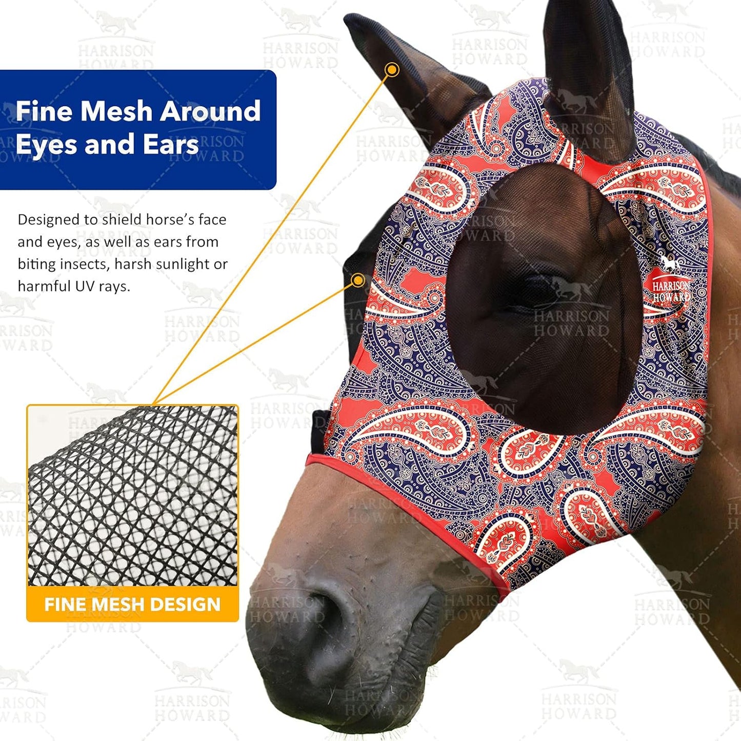 Harrison Howard Super Comfort Stretchy Fly Mask Large Eye Space with UV Protection Soft on Skin with Breathability Orange Paisley Full Size
