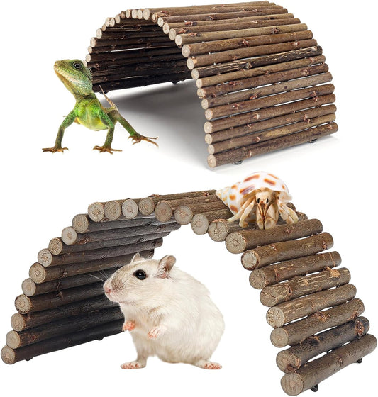 2PCS Reptile Hideout Hermit Crab Bendable Bridge, Wooden Hermit Crab Hideout Climbing Toys, Reptile Tank Habitat Decor Hiding Hut for Lizards, Mice, Spiders