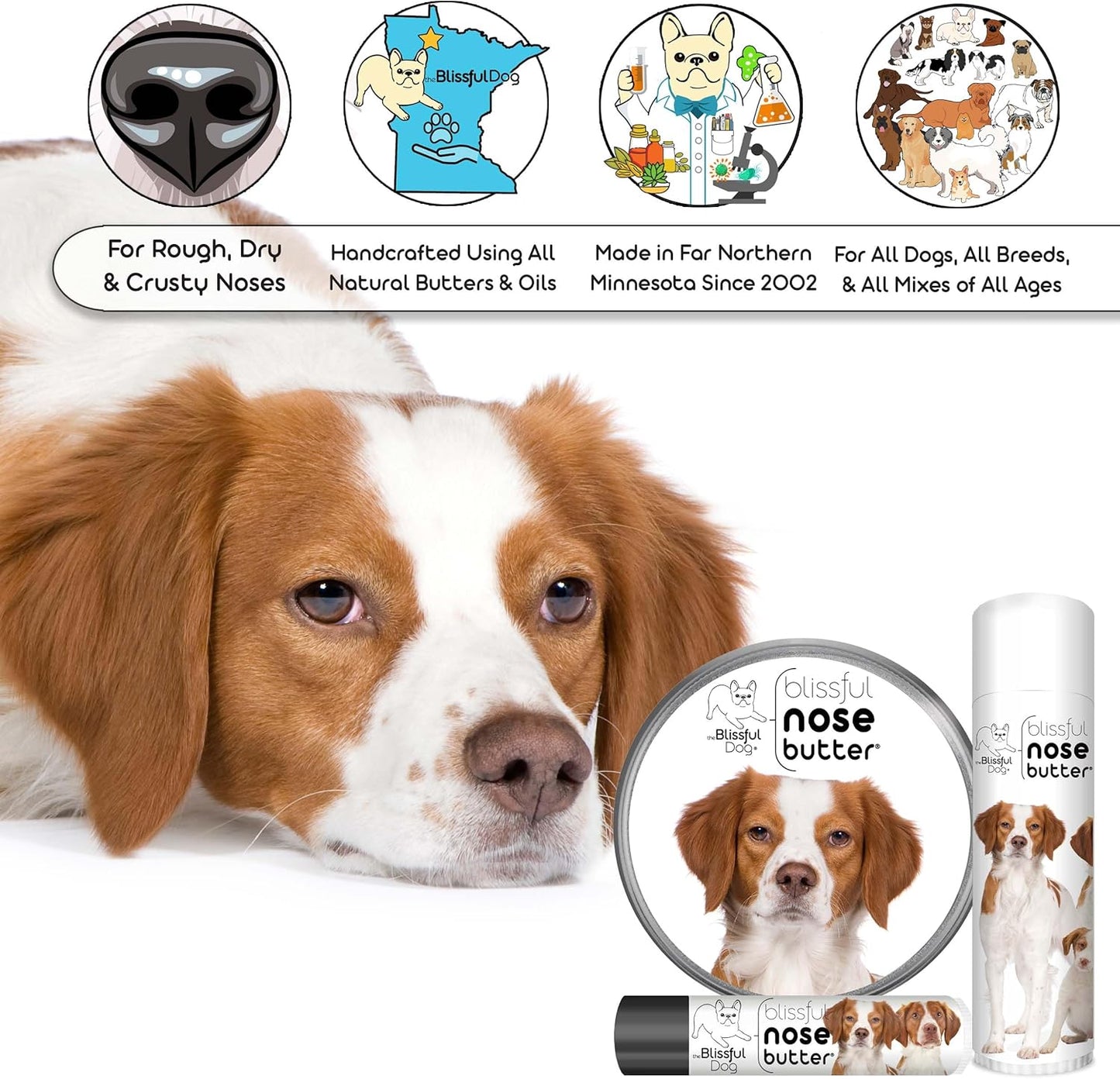 The Blissful Dog Brittany Spaniel Nose Butter for Dry, Cracked Skin, Lick-Safe Dog Nose Balm with Moisturizing Shea Butter, Almond, Olive, and Essential Oils, Pet Supplies, Uncented, 0.15 oz.