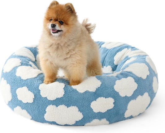 LE SURE Donut Small Dog Bed - Round Cat Beds for Indoor Cats Calming Pet Beds, Cute Modern Beds with Jacquard Shaggy Plush & Anti Slip Bottom, 27 Inch, Blue