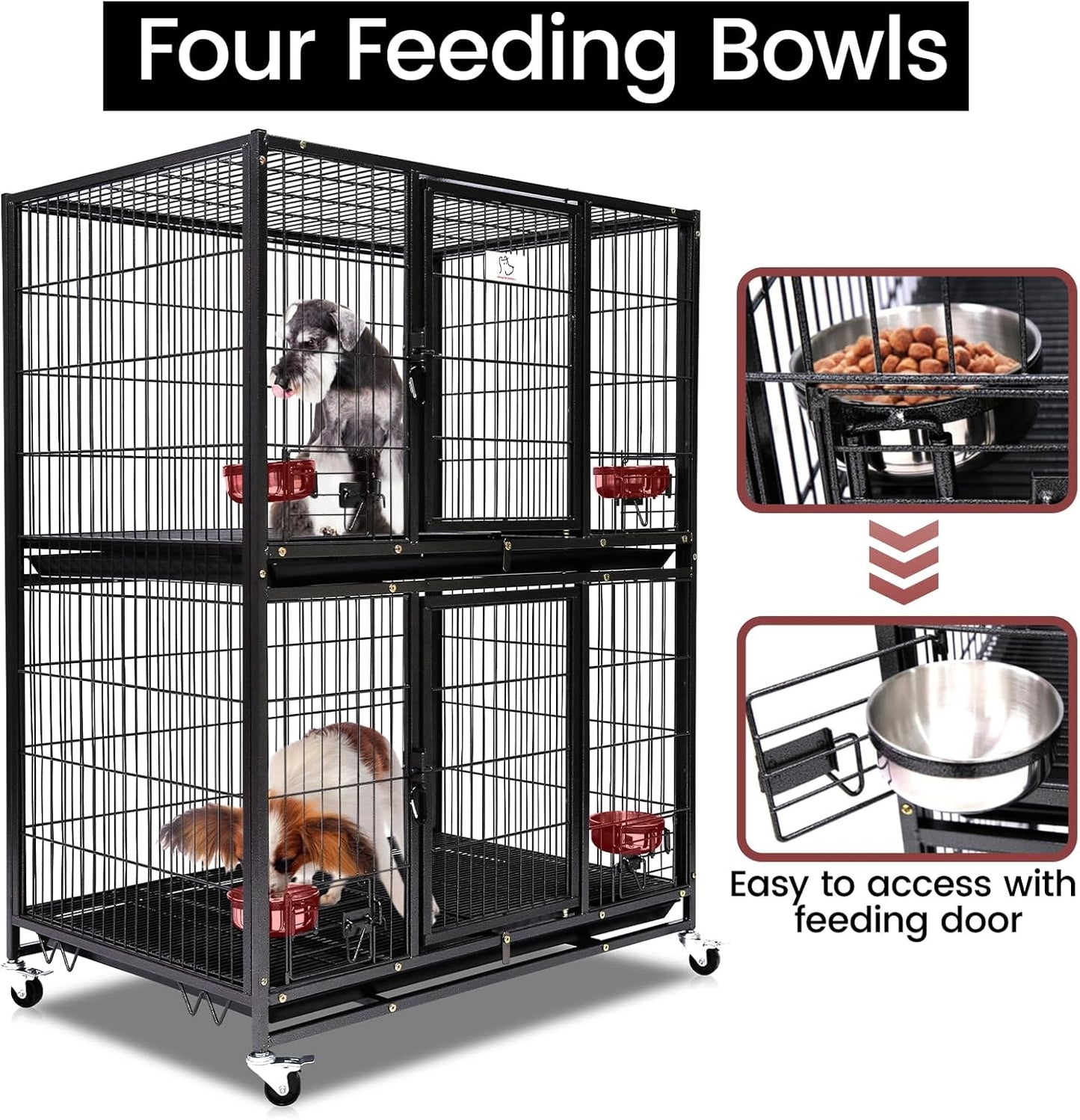 Homey Pet Two Tiers 37 Inch Dog Crate Cage Kennel with Feeding Door and Bowls, Lockable Wheels and Removable Tray, Escape Proof Metal Wire Heavy Duty Dog Crates for Medium/Small Sized Dogs (2 Pack)