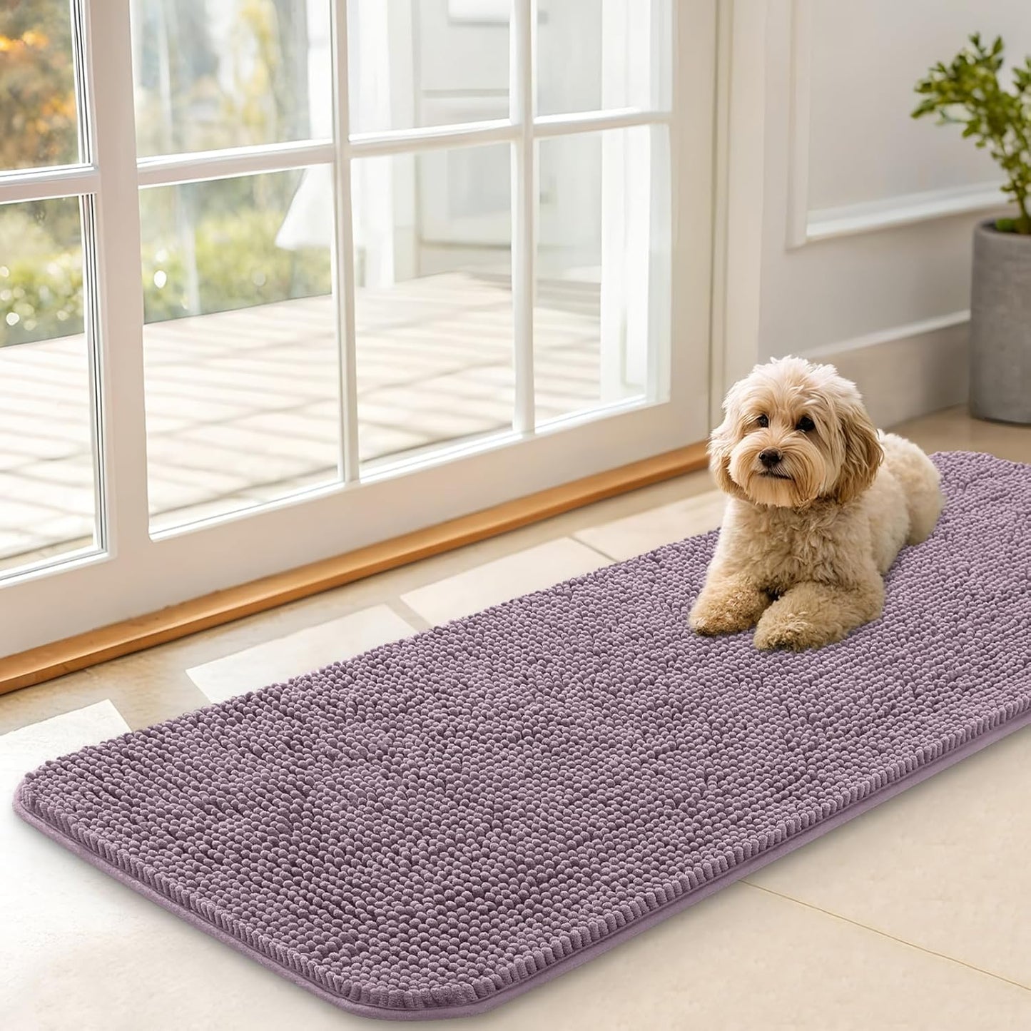 OLANLY Dog Door Mat for Muddy Paws 47x17, Absorbs Moisture and Dirt, Absorbent Non-Slip Washable Doormat, Quick Dry Chenille Mud Mat for Dogs, Entry Indoor Entryway Carpet for Inside Floor, Deep Plum