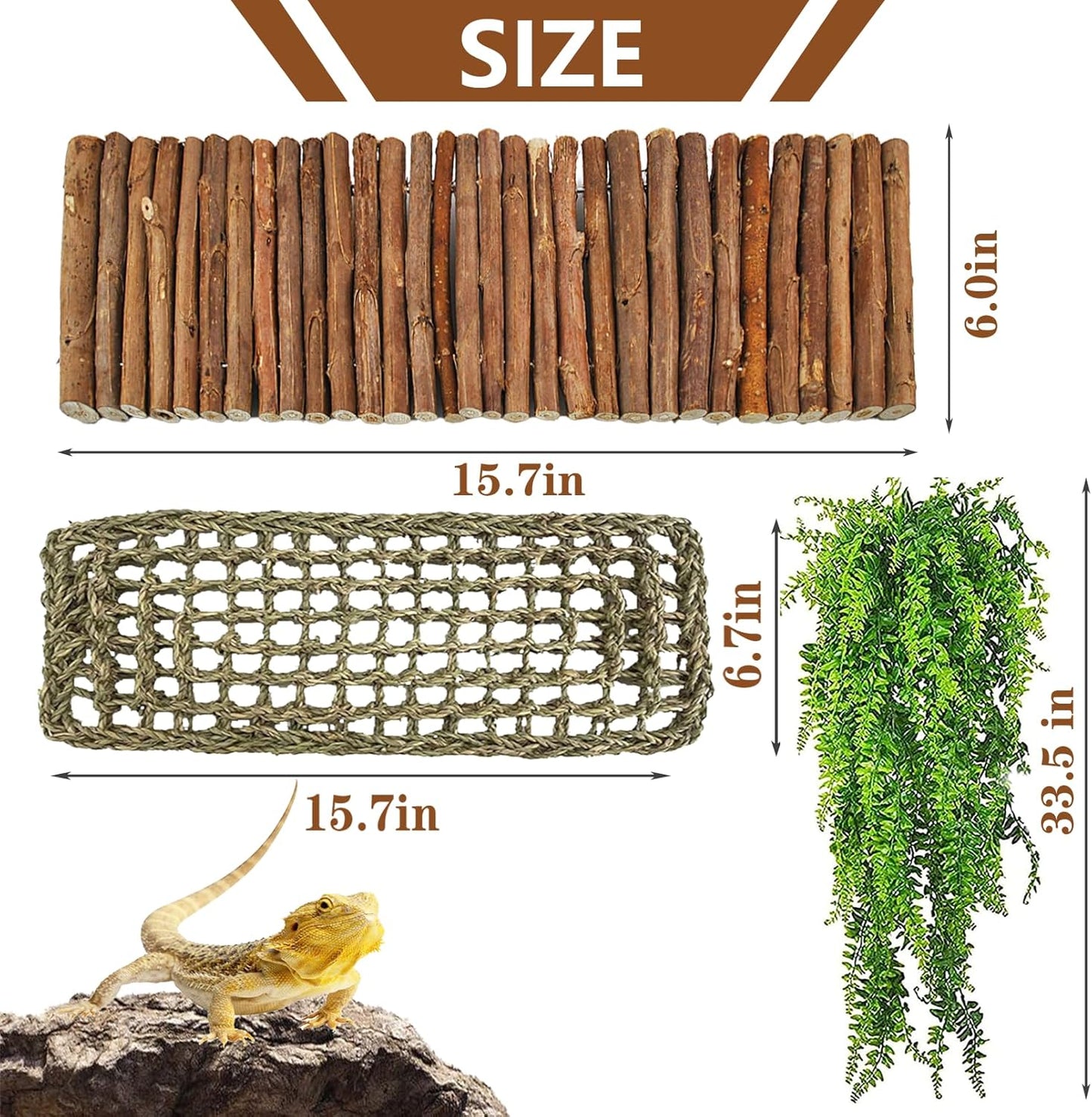 kathson Reptile Wooden Bridge,Bearded Dragon Hammock Decor Wood Reptile Hideout Hut Terrarium Hanging Plants Climbing Accessories Reptiles Hide Caves for Snake Gecko Lizard Tortoise (3 Pcs)