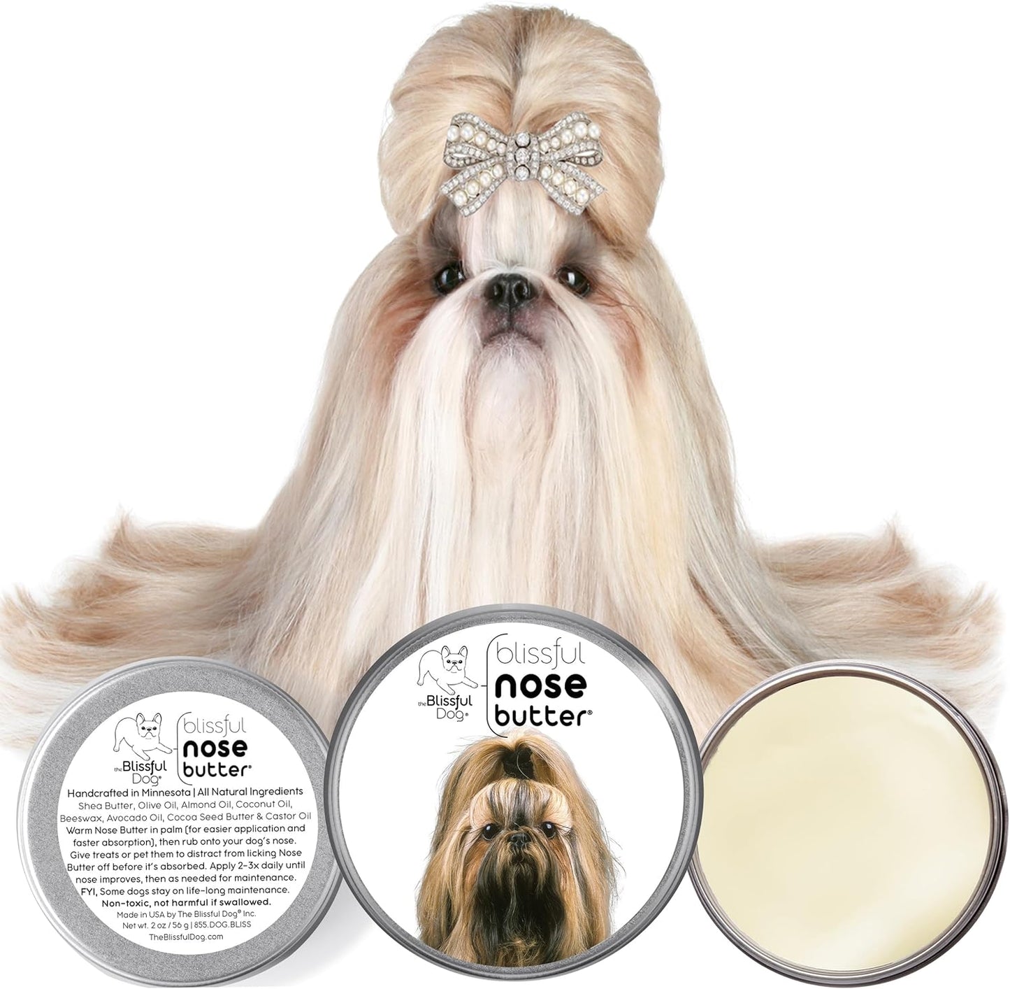 The Blissful Dog Shih Tzu Nose Butter for Dry, Cracked Skin, Lick-Safe Dog Nose Balm with Moisturizing Shea Butter, Almond, Olive, and Essential Oils, Pet Supplies, Uncented, 4 oz.