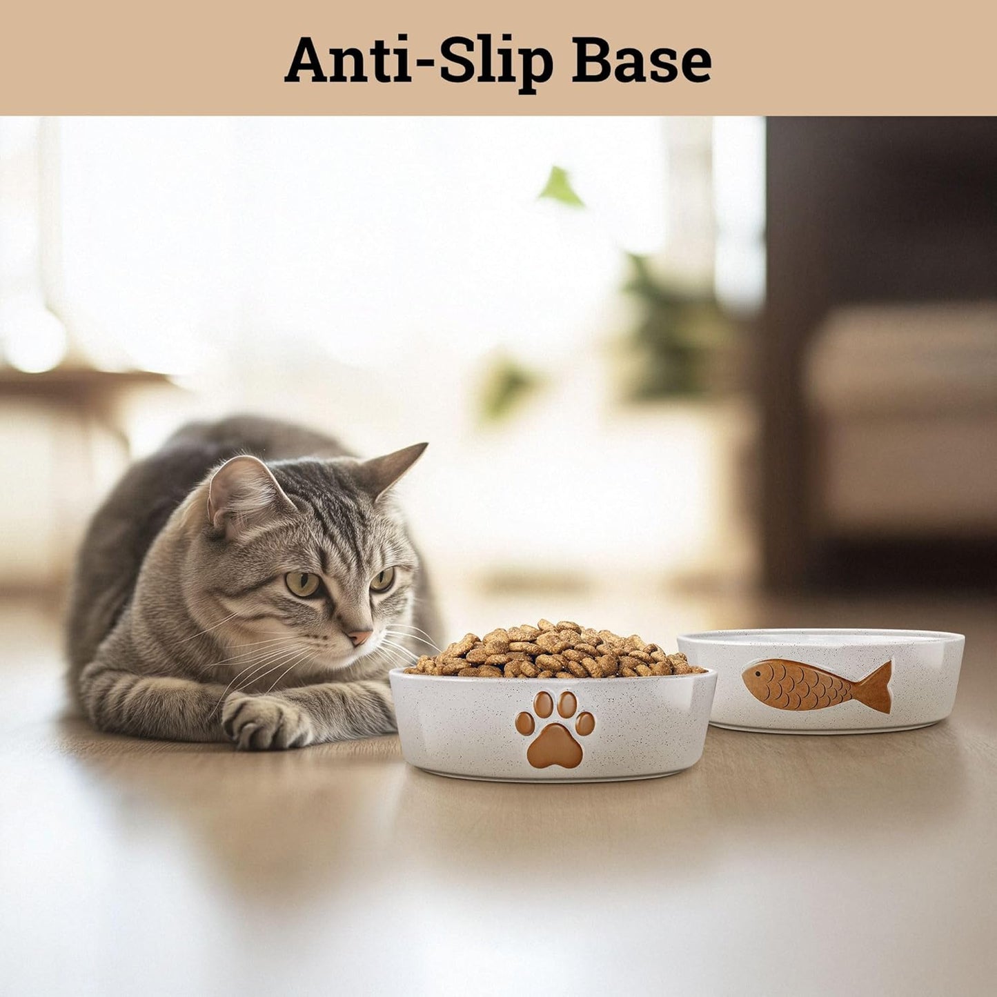 Ceramic Cat Bowls Whisker Friendly - Ceramic Cat Bowl Set of 2 Cute Designs with Anti-Slip Bases - Dishwasher & Microwave Safe Food and Water Bowls for Cats - Dishes for Cats - Kitten Food Bowl Set