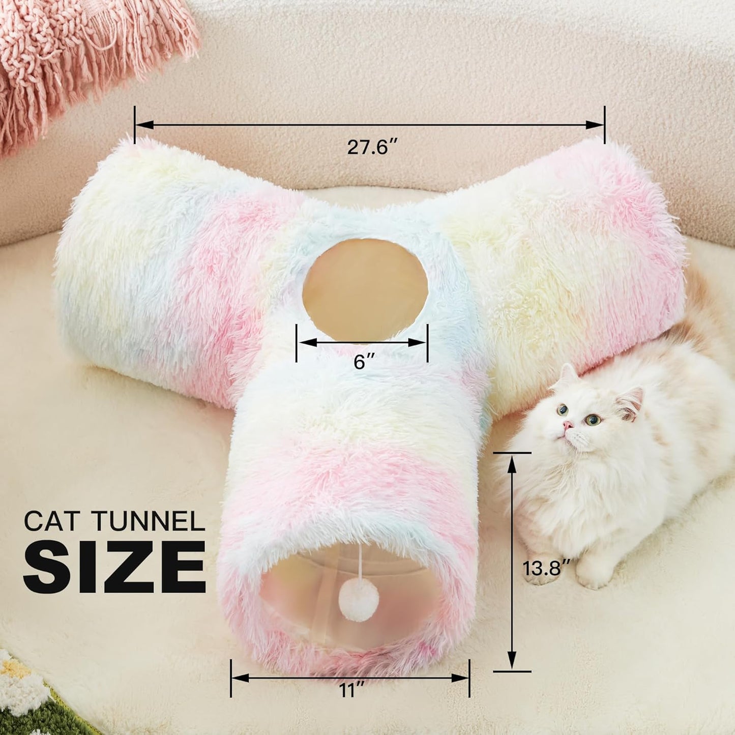 Tempcore Plush Pet Cat Tunnel Tube Cat Toys 3 Way Collapsible, Tunnels for Indoor Cats，Kitty Tunnel Bored Pet Toys Peek Hole Ball Puppy, Kitty, Kitten, Rabbit Rainbow