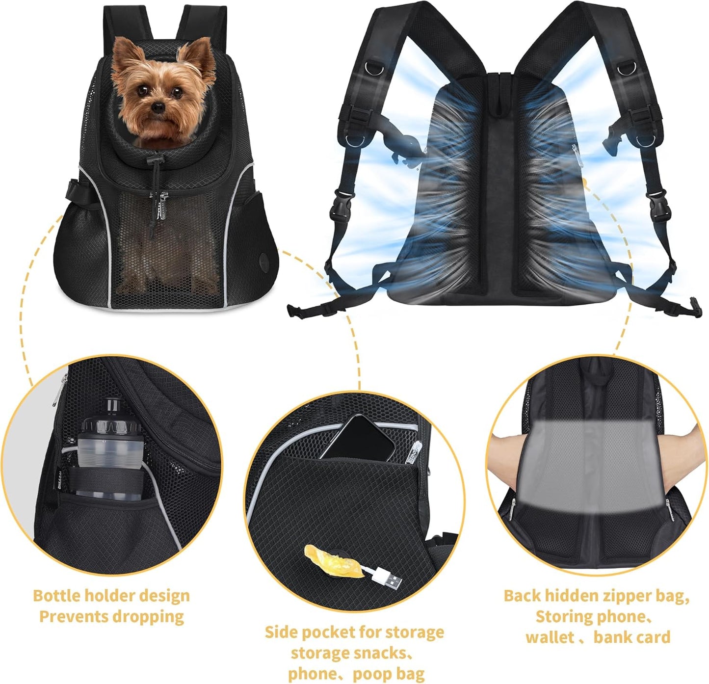WOYYHO Pet Dog Carrier Backpack Small Dog Front Backpack Ventilated Mesh Dog Travel Back Pack with Safety Belt for Travel Hiking Cycling Outdoor Adventures (Size L: 10-14 lbs, Black)