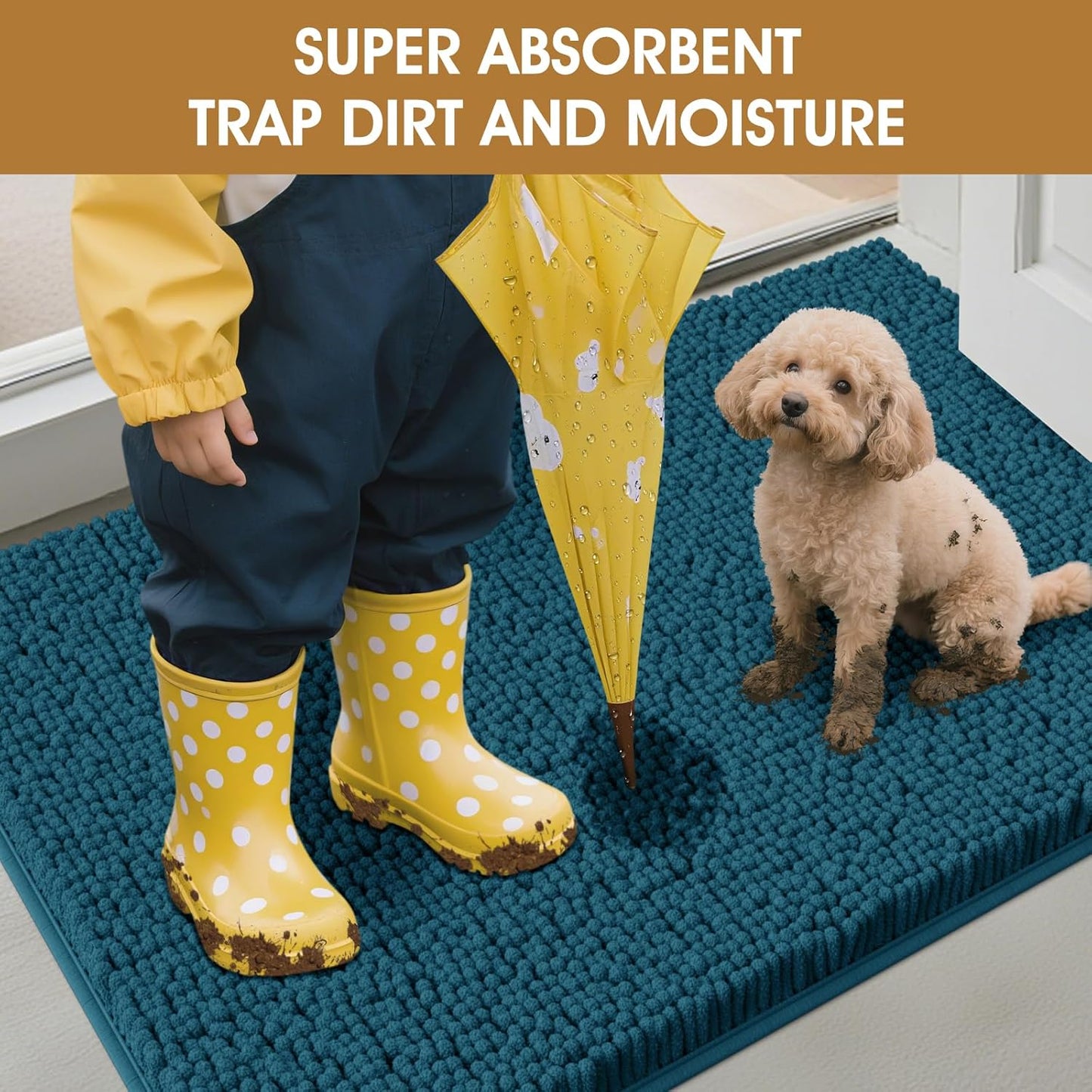 Extra Large Dog Door Mats for Muddy Paws, Chenille Absorbent Dog Mats, Non Slip Heavy Mud Mat for Dogs, Soft Pet Mat for Entryway, Mud Paws, Inside Floor,71" x 25", Teal Blue