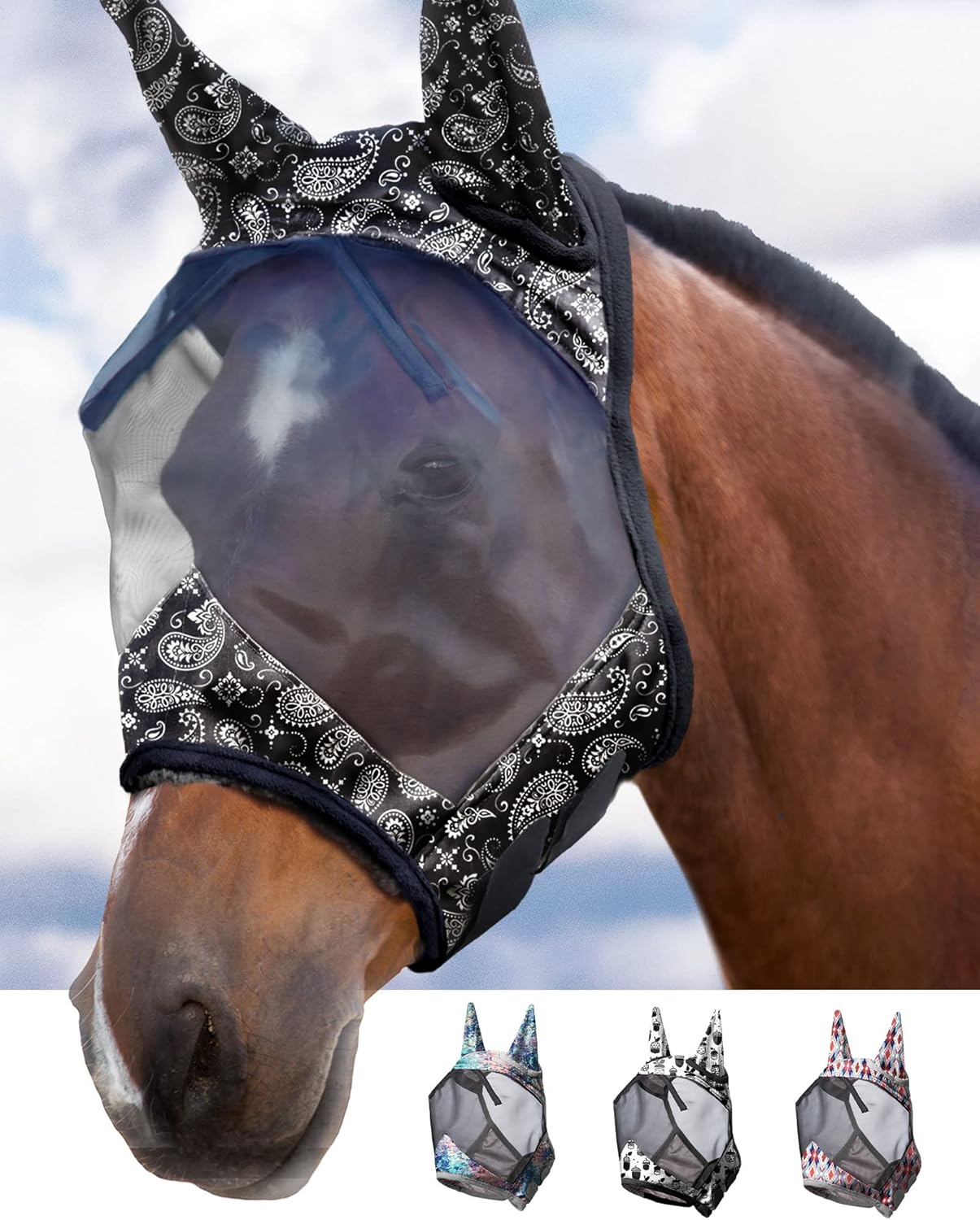 Harrison Howard LumiVista Horse Fly Mask Standard with Ears UV Protection for Horse Paisley Wave M Cob