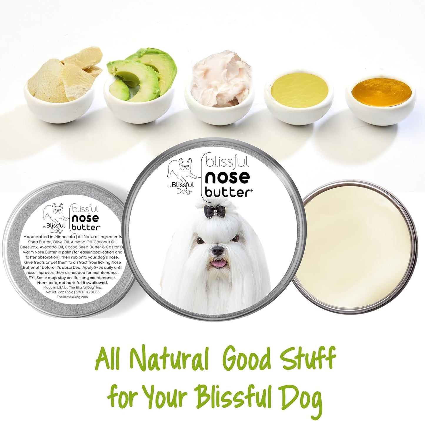 The Blissful Dog Maltese Nose Butter for Dry, Cracked Skin, Lick-Safe Dog Nose Balm with Moisturizing Shea Butter, Almond, Olive, and Essential Oils, Pet Supplies, Uncented, 2 oz.