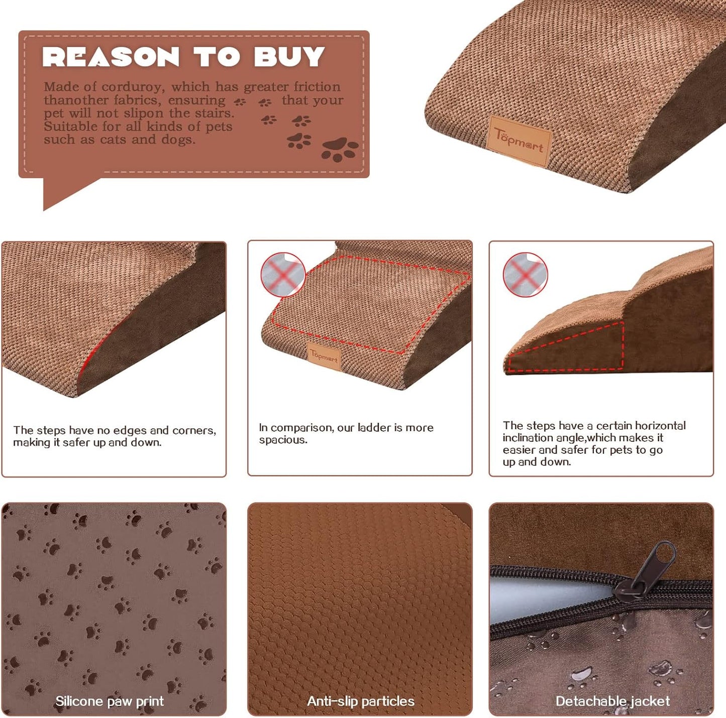 Topmart High Density Extended Foam Dog Ramp&Steps 3 Tiers,15.7" High,Non-Slip Dog Stairs with Waterproof Cover,Soft Foam Pet Ladder,Best for Injured,Older Cats,Pets with Joint Pain