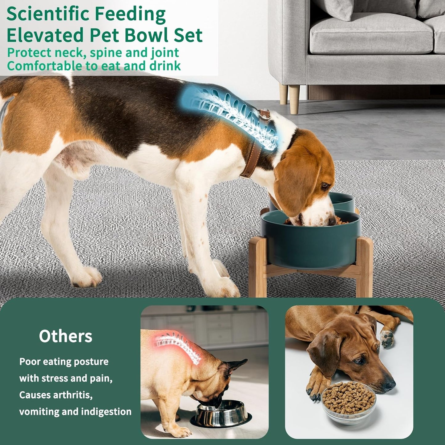 Elevated Ceramic Dog Bowl Set - Raised Dog Bowls with Non-Slip Bamboo Stand - Dog Food and Water Bowl Set - Double Dog Feeding Bowls - Suitable for Small and Medium Dogs - 28.74 OZ - 3.6 CUPS - 850 ML