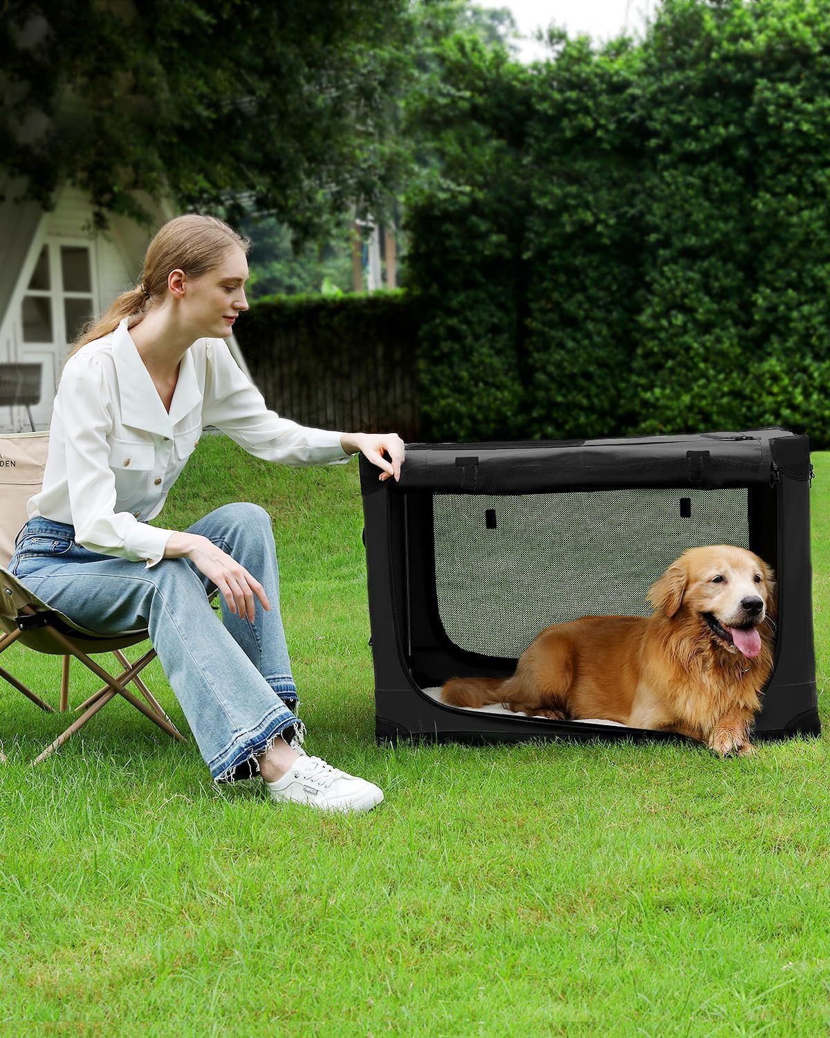 36-Inch Collapsible Travel Dog Crate, Portable 4-Door Soft Kennel for Medium to Large Dogs, Durable Mesh Windows, Indoor/Outdoor Use, Foldable, with Storage Bag (Black)