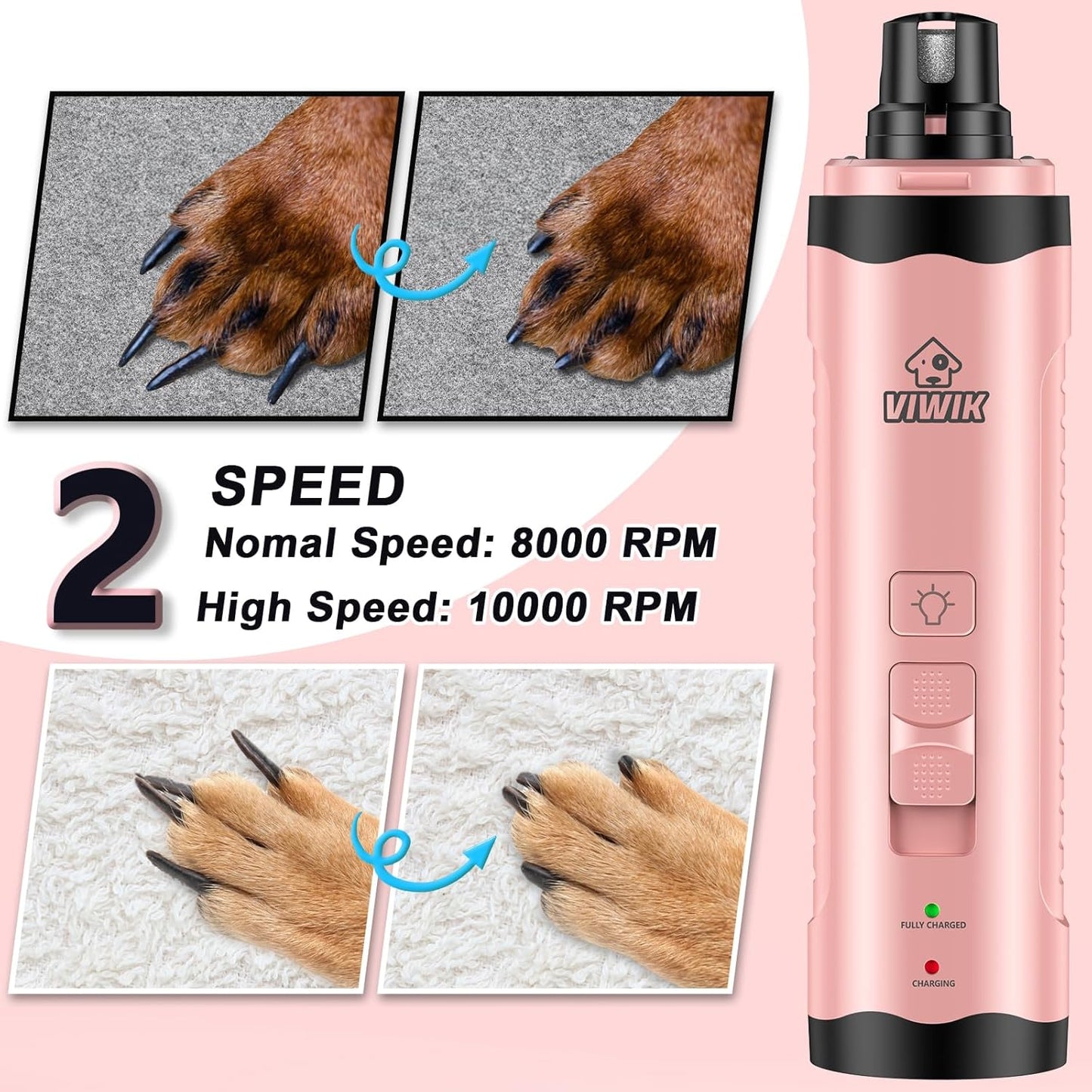 VIWIK Dog Nail Trimmers, Dog Nail Grinder with 2 LED Lights, Pet Nail Clippers Kit for Large Medium Small Dogs & Cats, 2-Speed Super Quiet Electric USB Rechargeable Pet Paws Grooming Tool Pink