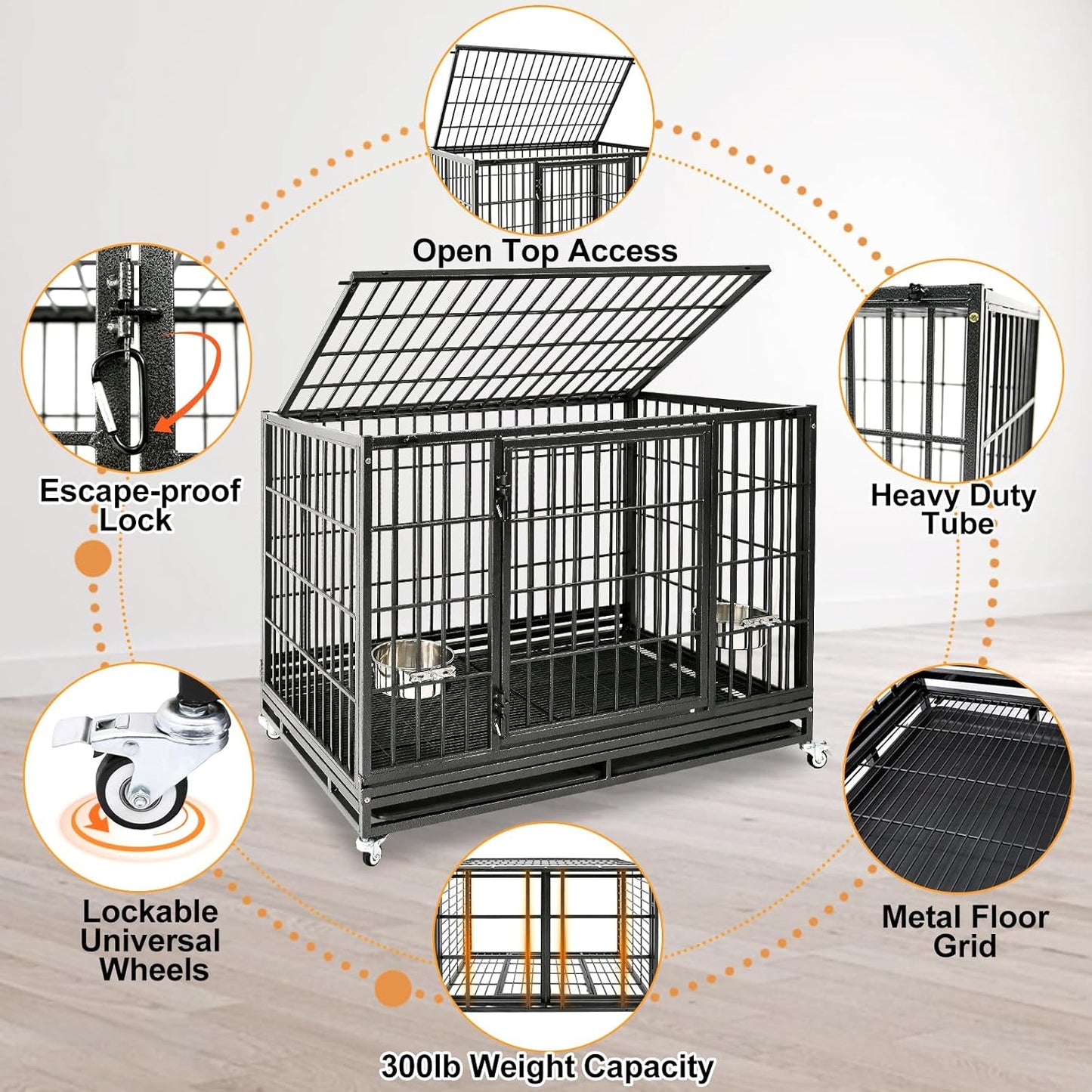 Homey Pet 48 Inch Stackable Heavy Duty Dog Crate Indestructible, Escape Proof Dog Cage with Wheels, Two Removable Trays, High Anxiety Dog Kennel Indoor, Extra Large XL XXL Dog Crates for Large Dogs