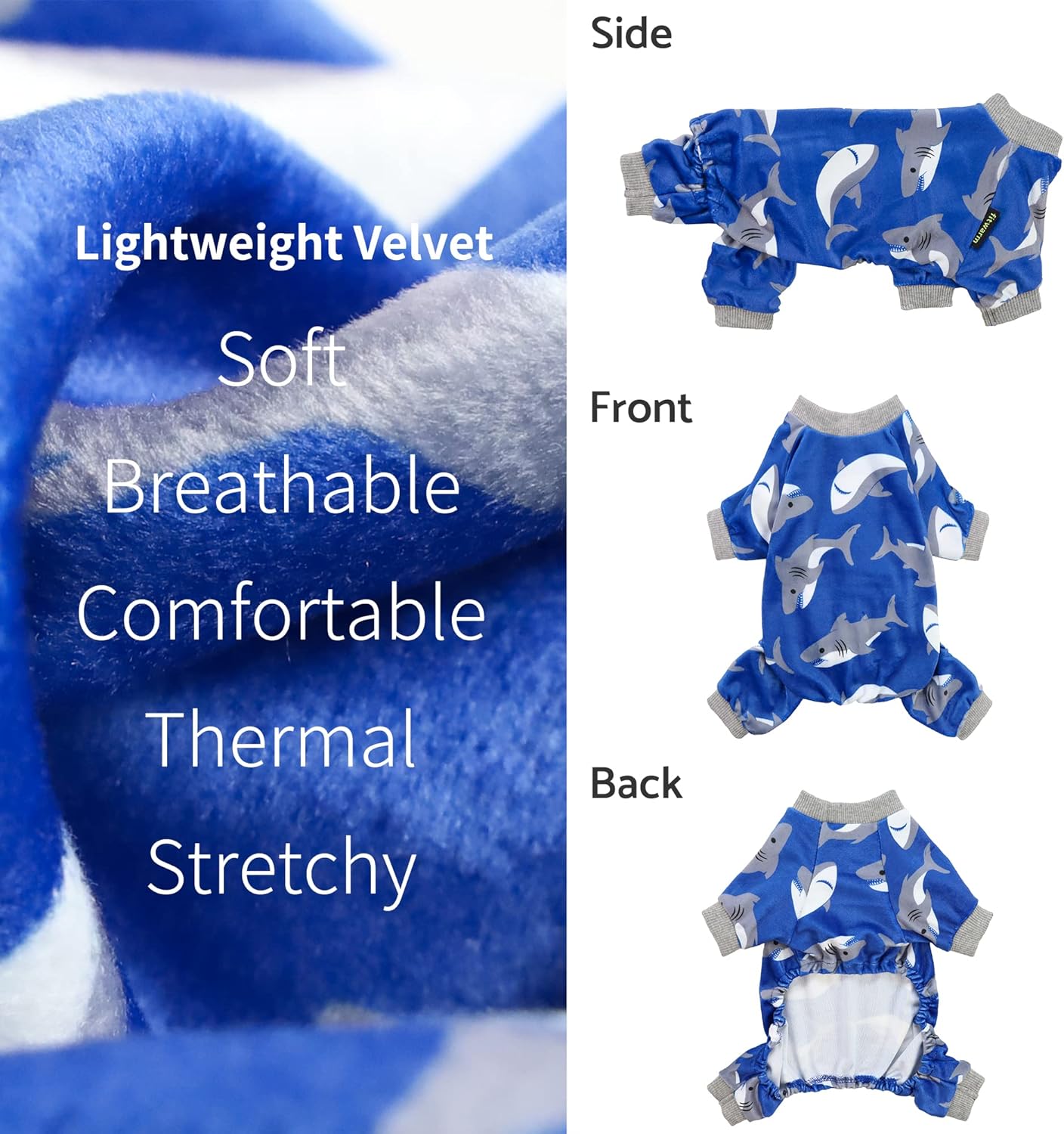 Fitwarm Shark Dog Pajamas, Dog Clothes for Small Dogs Girl Boy, Pet Onesie with Feet, Cat Outfit, Lightweight Velvet, Royal Blue, Medium
