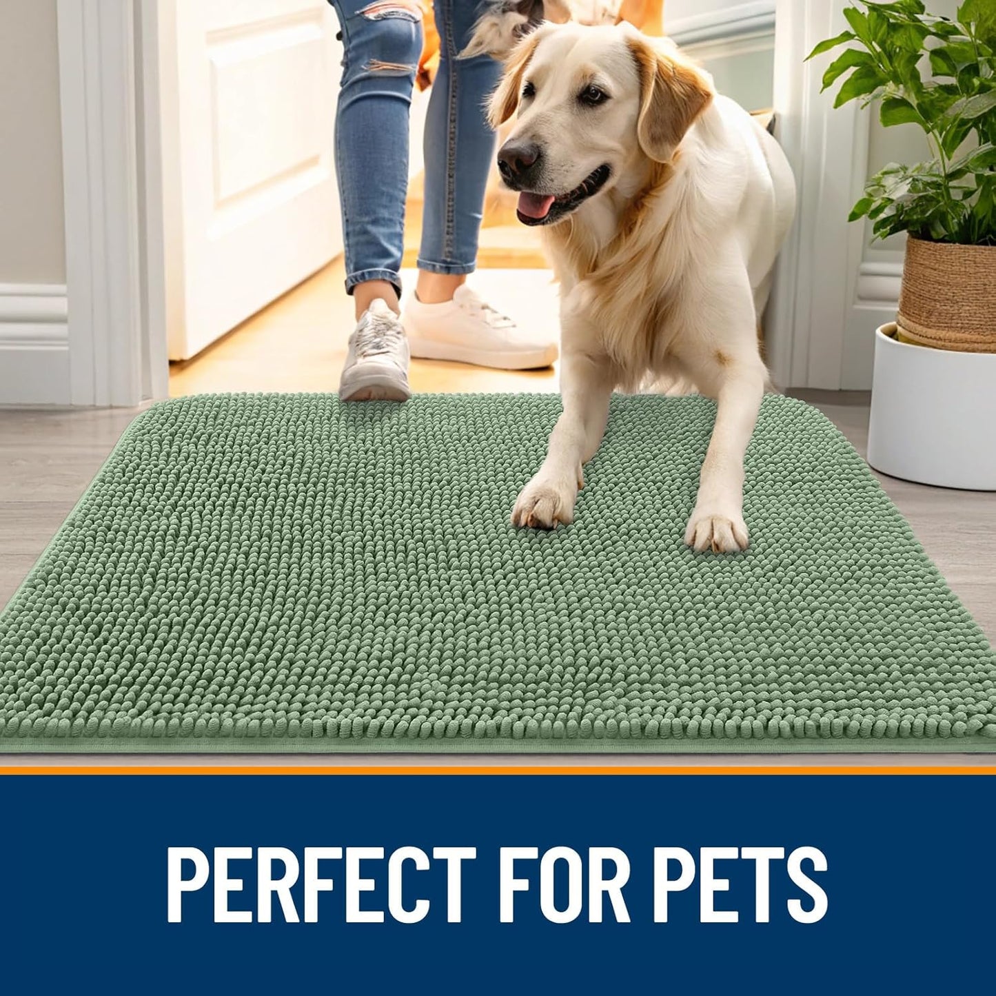 OLANLY Dog Door Mat for Muddy Paws 59x20, Absorbs Moisture and Dirt, Absorbent Non-Slip Washable Doormat, Quick Dry Chenille Mud Mat, Entry Indoor Entryway Carpet for Inside Floor, Olive Green