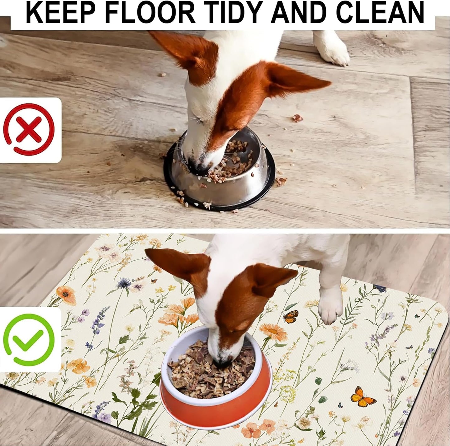 Vintage Wildflowers Herbs Pet Feeding Mat for Floors-Absorbent Dog Bowl Mat for Food and Water, Quick Dry Pet Cat Feeding Mats with Non Slip Bottom, Mess-Free Dog Accessories 12"x20"