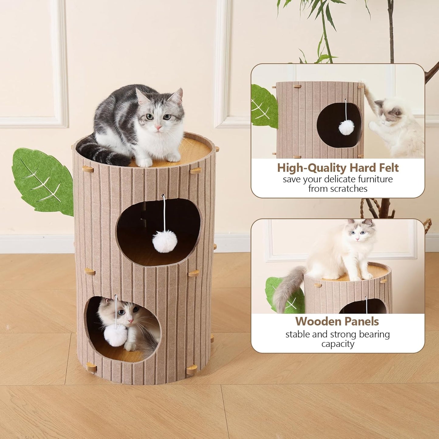 Cat House for Indoor Cats, 2-Storey Large Cat Bed Cave, Felt Covered Cats Tunnel Condo,23.6"