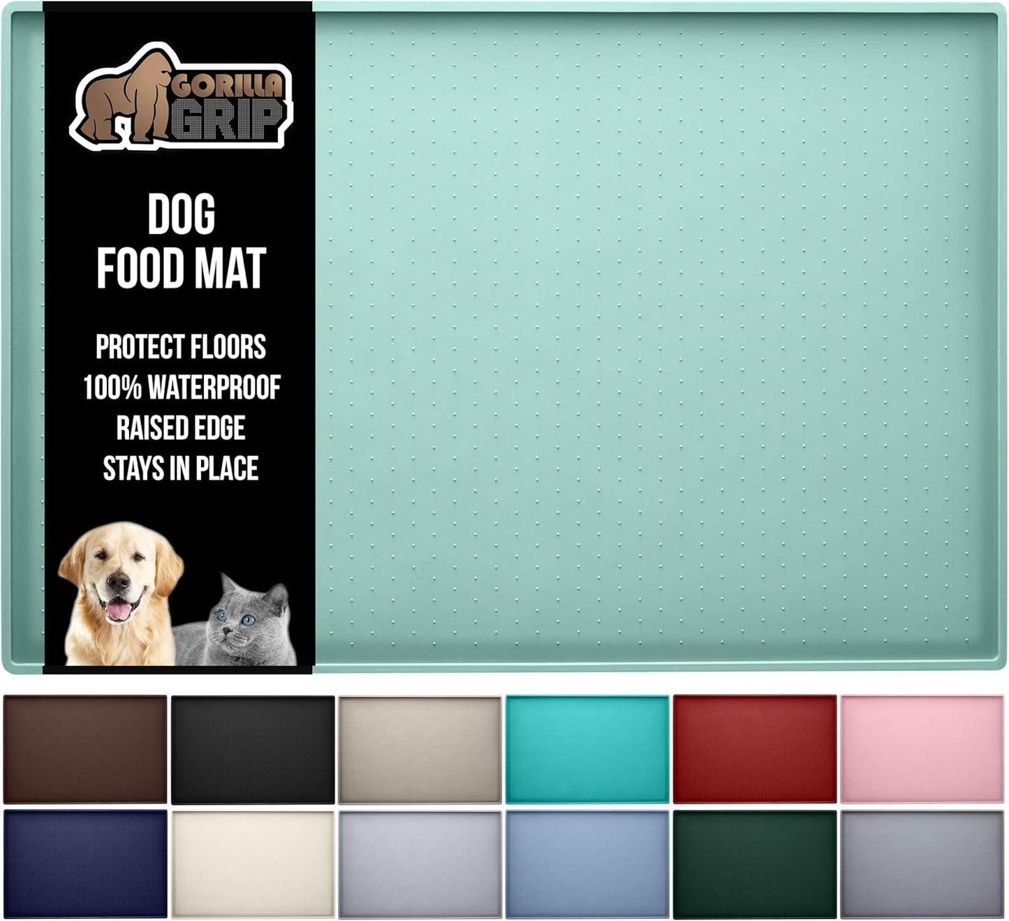 GORILLA GRIP 100% Waterproof Raised Edge BPA Free Silicone Pet Feeding Mat, Dog Cat Food Mats Contain Spills Protects Floors, Placemats for Cats and Dogs Water Bowl, Pets Accessories 32x24 Mint
