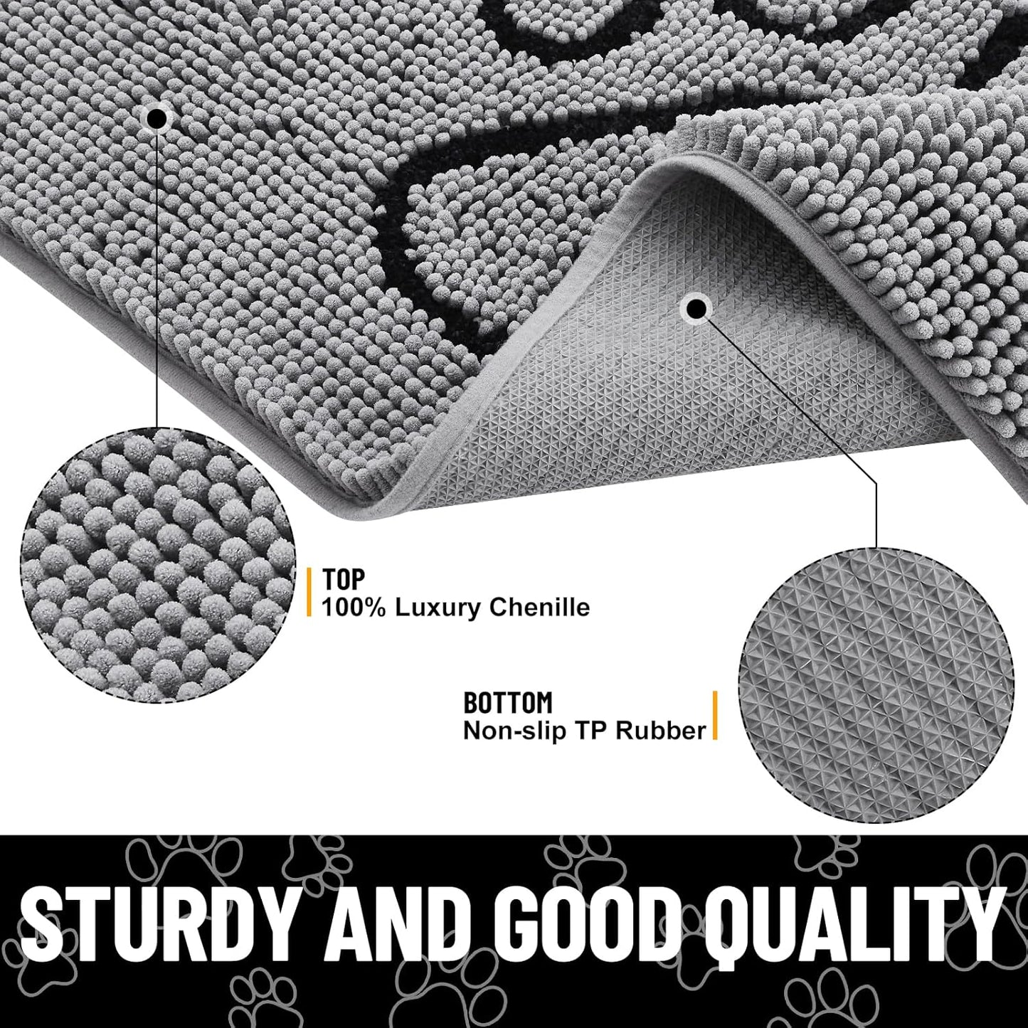Smiry Dog Door Mat for Muddy Paws, Absorbent Dirt Trapper Non Slip Quick Dry Washable Chenille Mat for Mud Dogs, Entry Rug for Indoor and Outdoor (24x44 Inches, Grey)