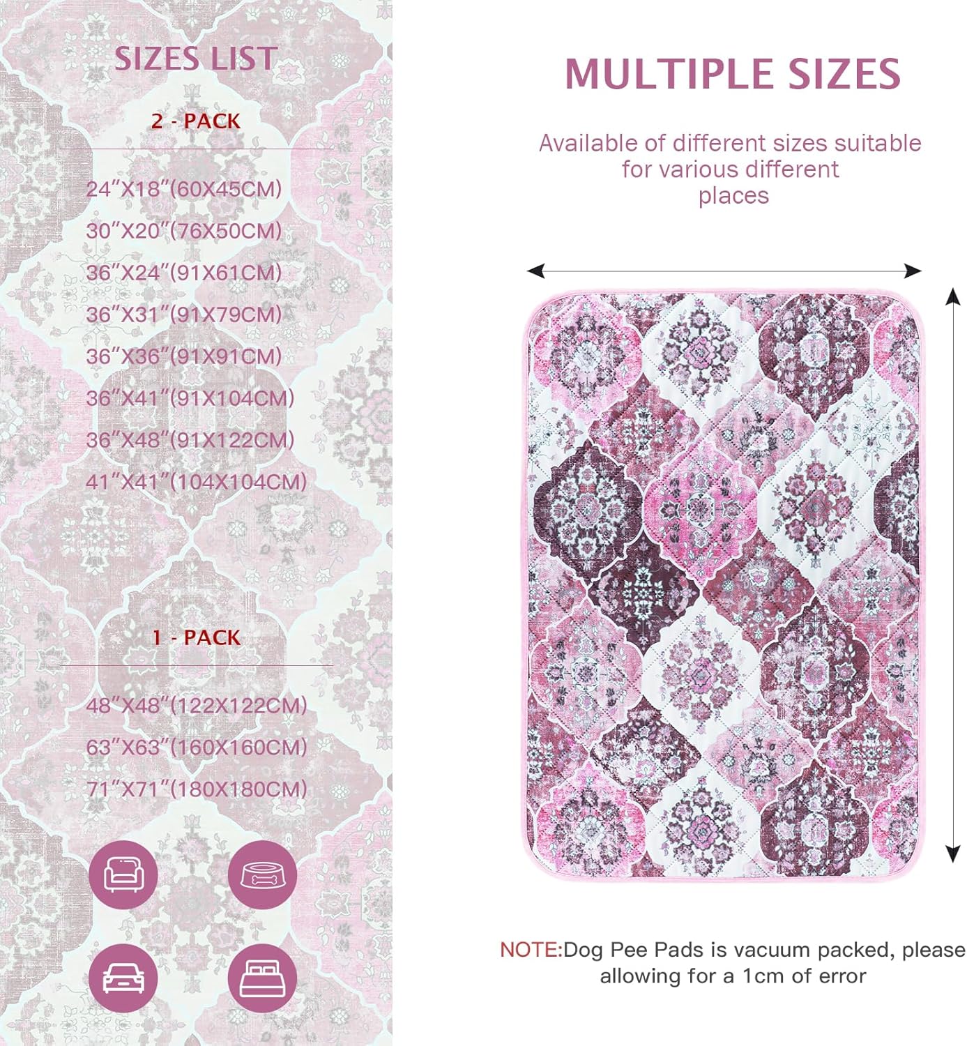 IEUUMLER Washable Pee Pads for Dogs, 1 Pack Reusable Pee Pads for Dogs Non-Slip Grip, Super Absorbent Waterproof Puppy Pads for Potty Training, Playpen, Crate, Whelping Box EU011 Pink, 48x48