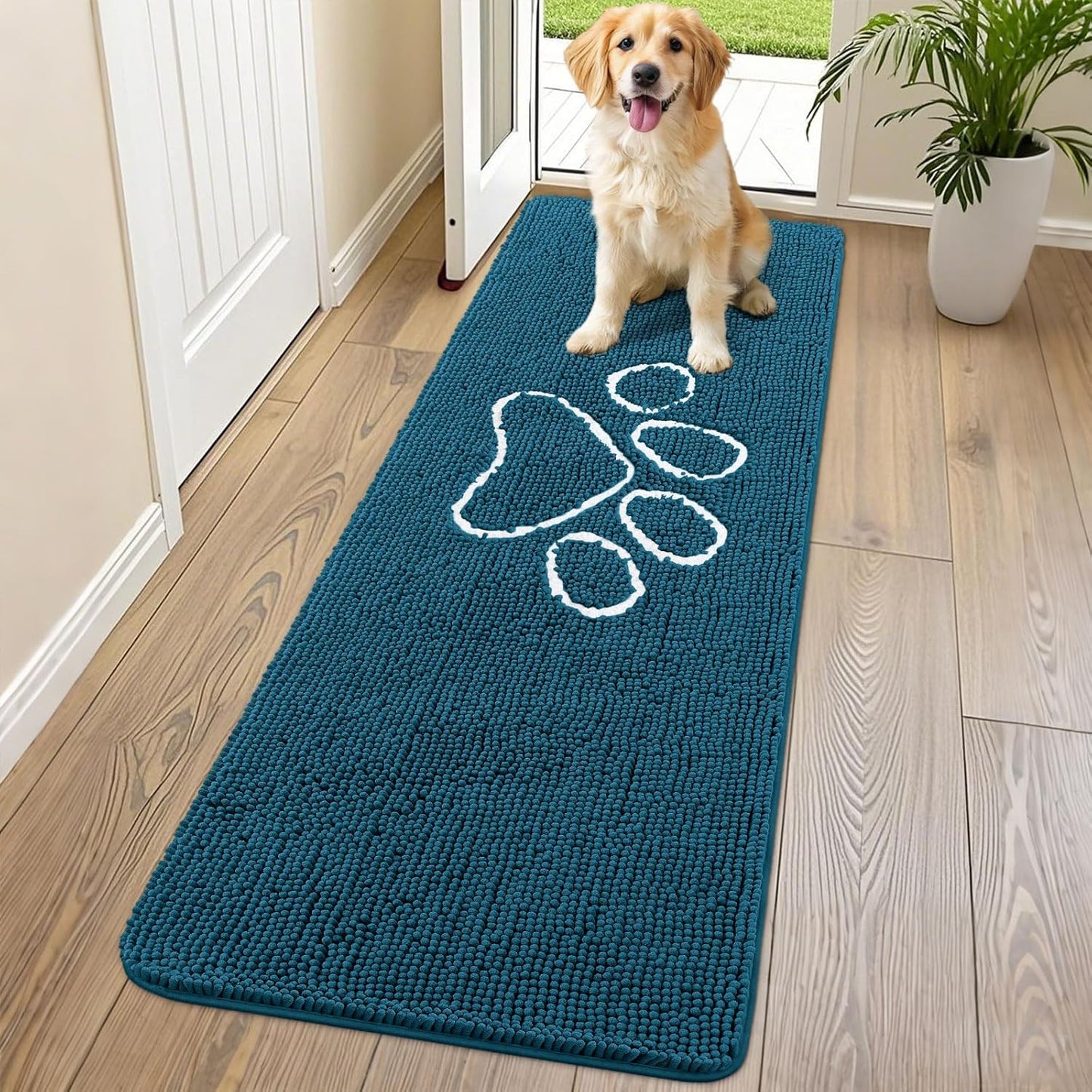 Smiry Dog Door Mat for Muddy Paws, Absorbent Dirt Trapper Non Slip Quick Dry Washable Chenille Mat for Mud Dogs, Entry Rug for Indoor and Outdoor (70x24 Inches, Atlantic Blue)