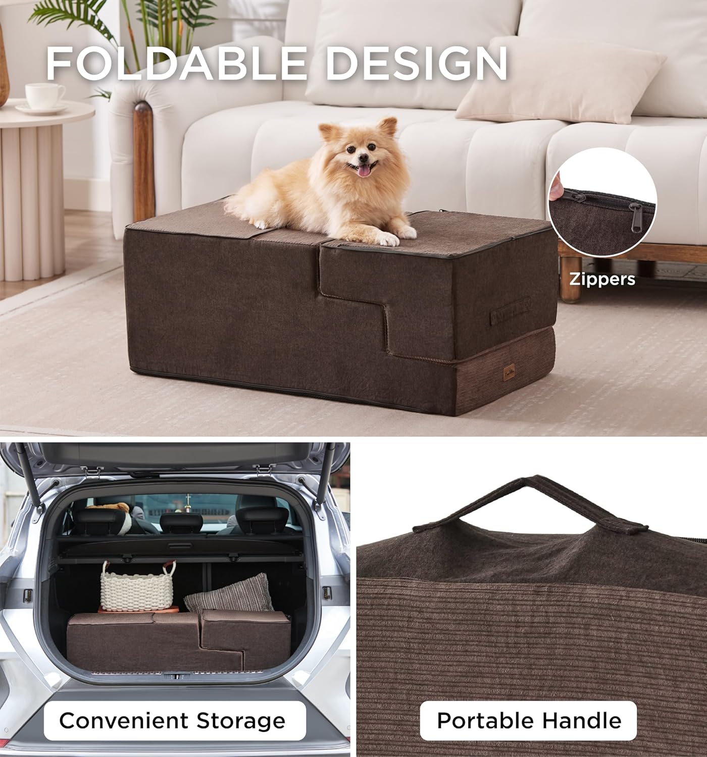 Made4Pets Dog Stairs for High Bed, Extra Wide Pet Stairs for Bed Couch Sofa, 35D Foam Pet Steps for Small Dogs and Cats, Non-Slip Bottom Dog Steps, Brown, 5 Steps