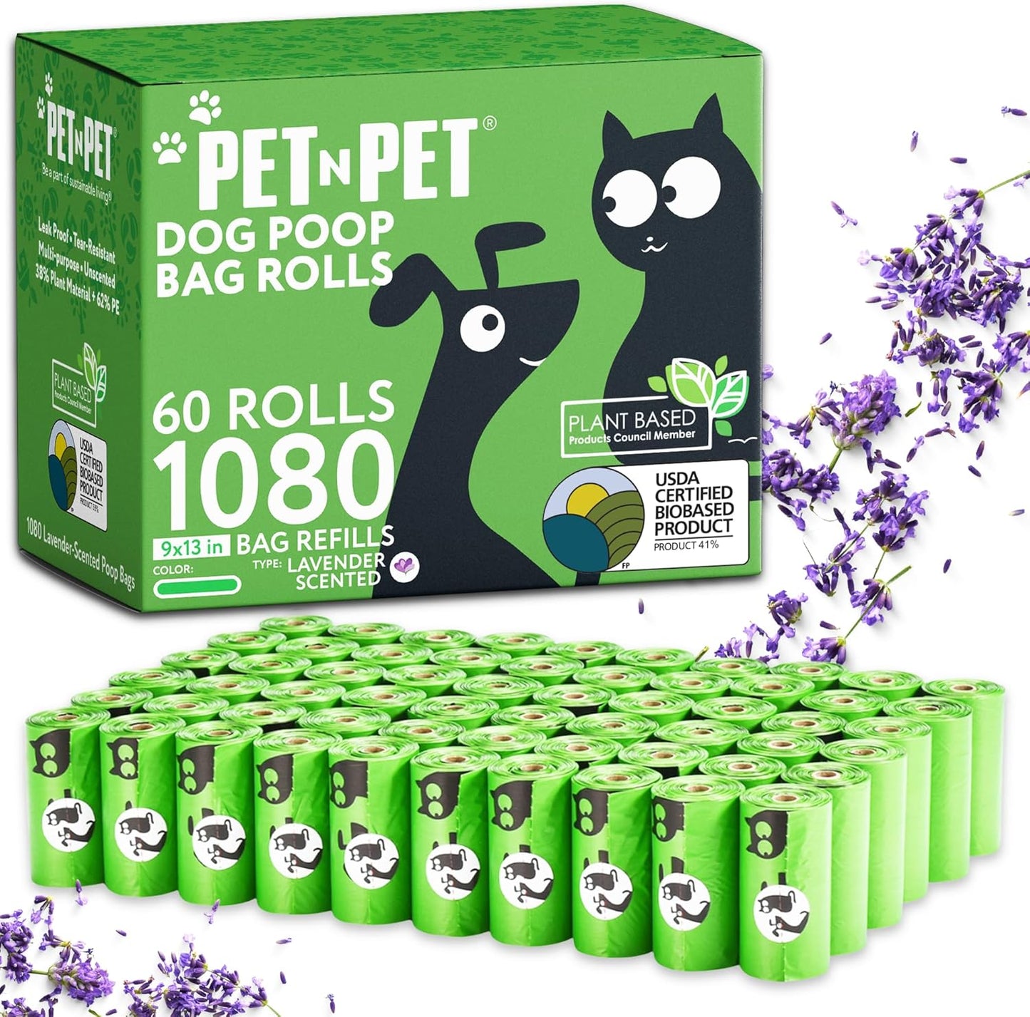 Pet N Pet 1080 Counts Green Poop Bags for Dogs, 41% Plant Based & 59% PE Extra Thick Dog Poop Bags Rolls, 9" x 13", Lavender Scented Pet Waste Bag