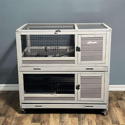 Rabbit Hutch Indoor Outdoor Bunny Hutch Pull Out Tray Guinea Pig Cage with Bottom Wire-Netting, On Wheels (Gery) 39.4" L x 24.6" W x 39" H