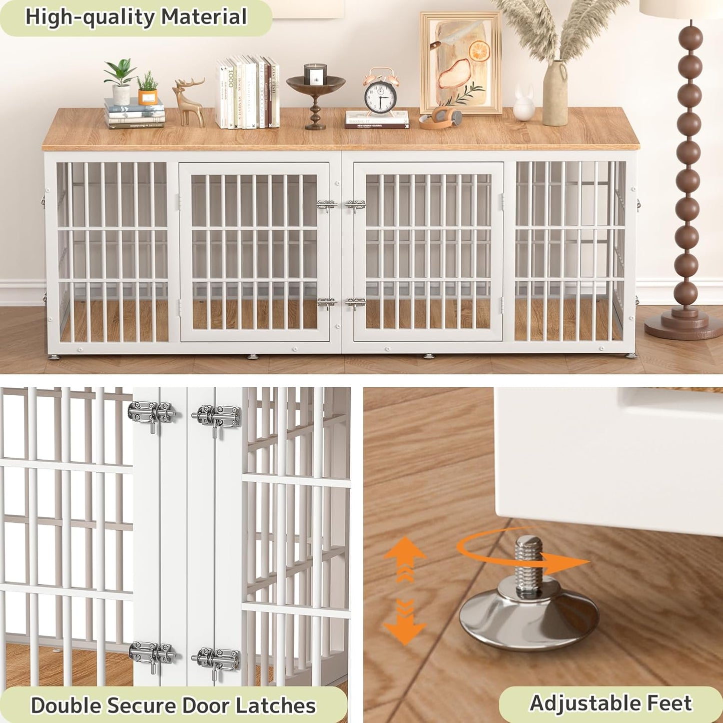 78 Inch Double Dog Crate Furniture, Heavy Duty Extra Large Cage Furniture with Divider for 2 Dogs, Decorative Wooden Kennel Furniture Indoor, Pet House for Large and Medium Dogs, White