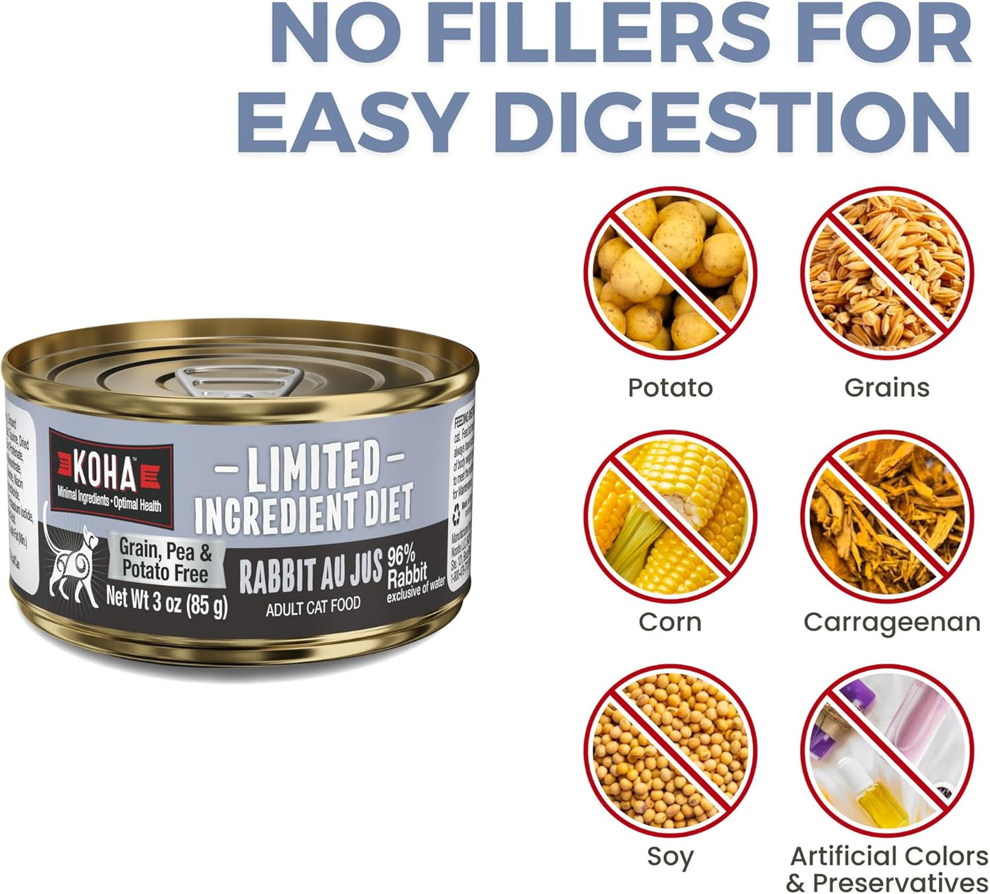 KOHA Limited Ingredient Diet Rabbit Pate for Cats - Single Meat Wet Cat Food for Sensitive Stomachs - *New Batch January 2025, Improved, Smooth Texture* - Pate Cat Food, No Fillers - 3oz Pack of 24