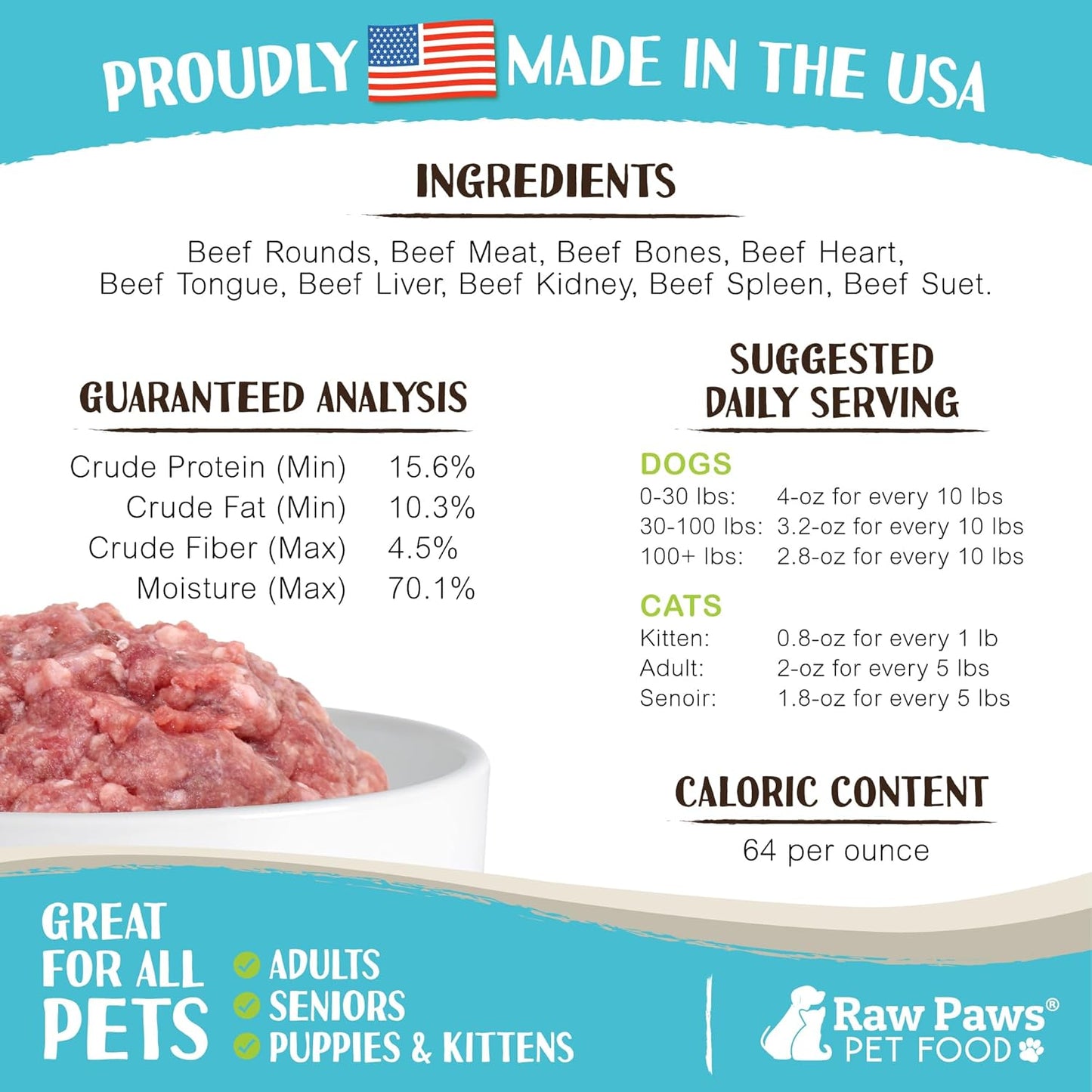 Raw Paws Signature Blend Pet Food for Dogs & Cats - Beef Recipe, 1-lb Rolls (10 Pack) - Fresh Pet Food Made in USA, Grass-Fed Beef Log, Natural Dog Food Rolls, Raw Frozen Dog Food & Cat Food
