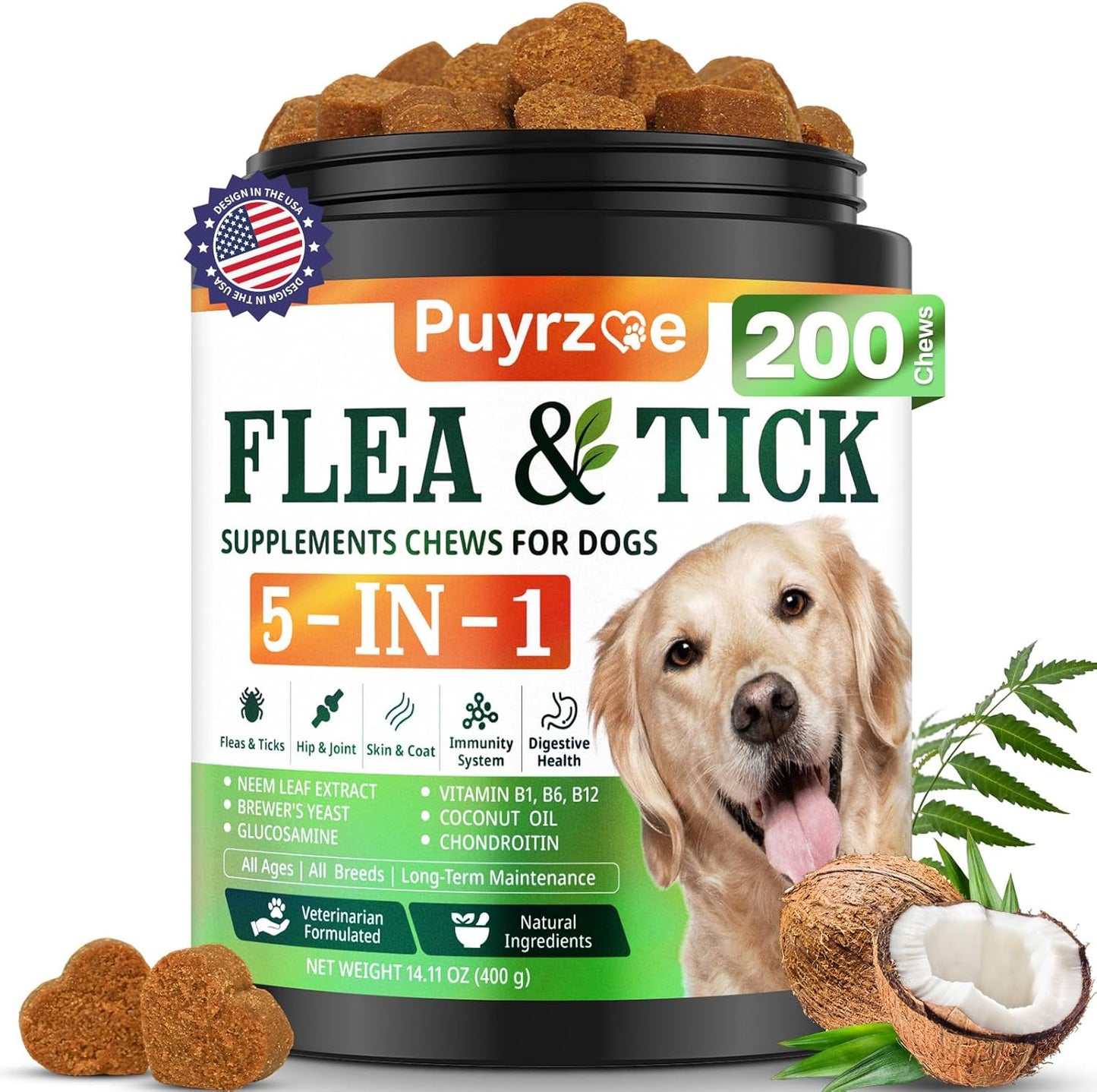 5-in-1 Dog Flea and Tick Treatment Chewable, Natural Flea and Tick Prevention for Dogs Chewable - Flea & Tick | Hip & Joint | Skin & Coat | Immunity Support | Digestive for All Breeds & Sizes