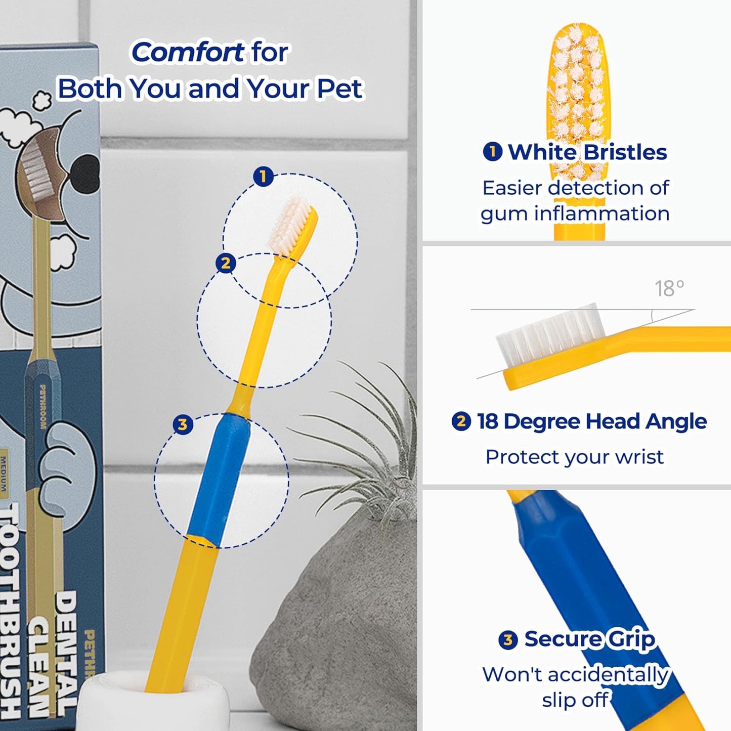 PETHROOM] Pet Toothbrush | Dogs and Cats Teeth Brushing Cleaning Tooth Care | Soft Bristle Cleaning Toothbrush for Dog Puppy Cat, Removing Old Plaque and Tartar (Medium)