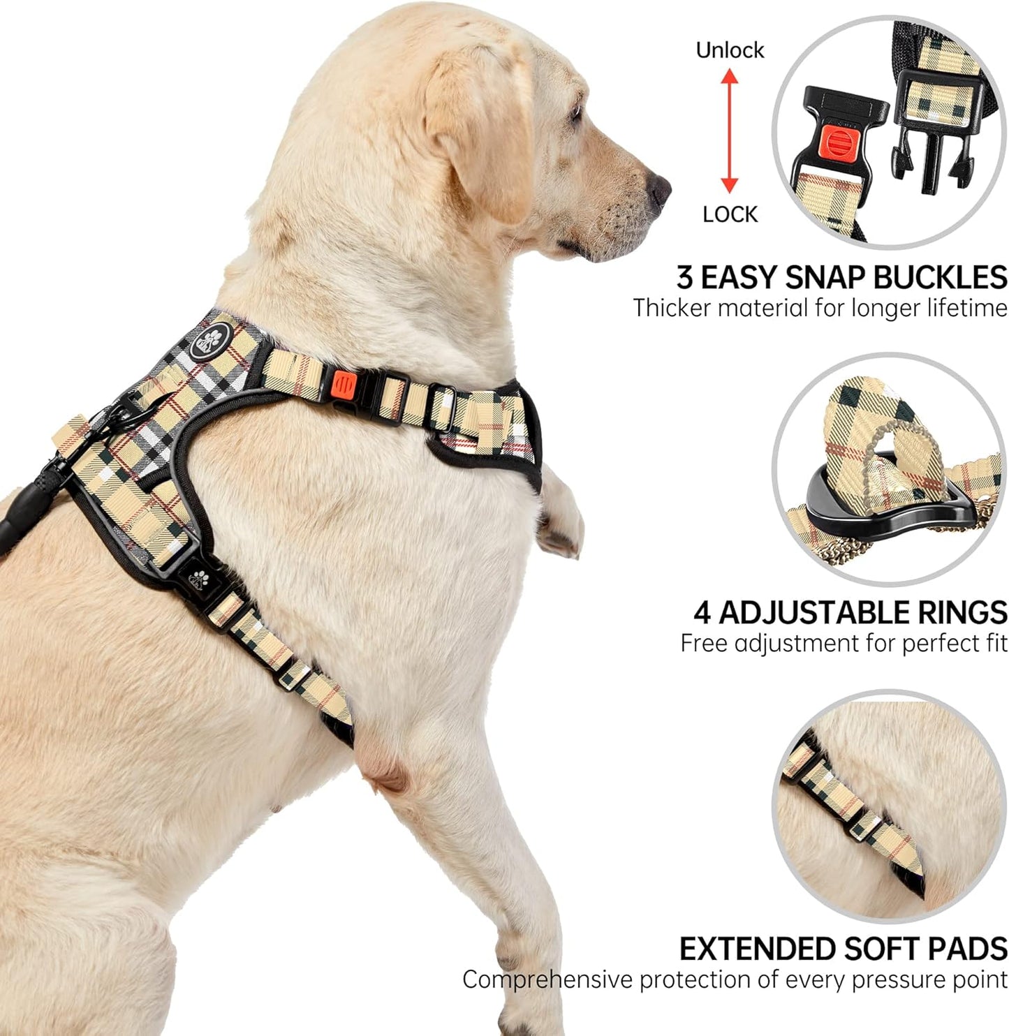 NESTROAD No Pull Dog Harness with Leash, Reflective No Choke Pet Vest Harness,Adjustable Soft Padded Dog Harness with Easy Control Handle for Medium Dogs(Checkered Beige,Medium)