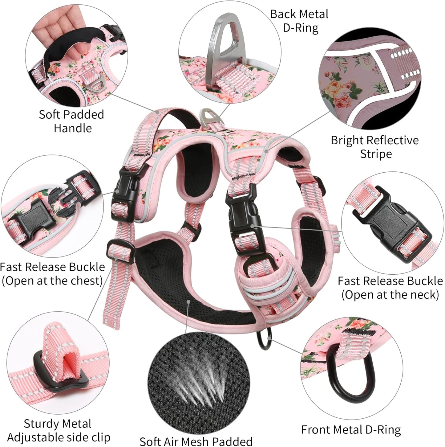 Timos Dog Harness, No-Pull Pet Harness with 2 Leash Clips, Adjustable Soft Padded Dog Vest, Reflective Outdoor Pet Oxford Vest with Easy Control Handle Pink XS