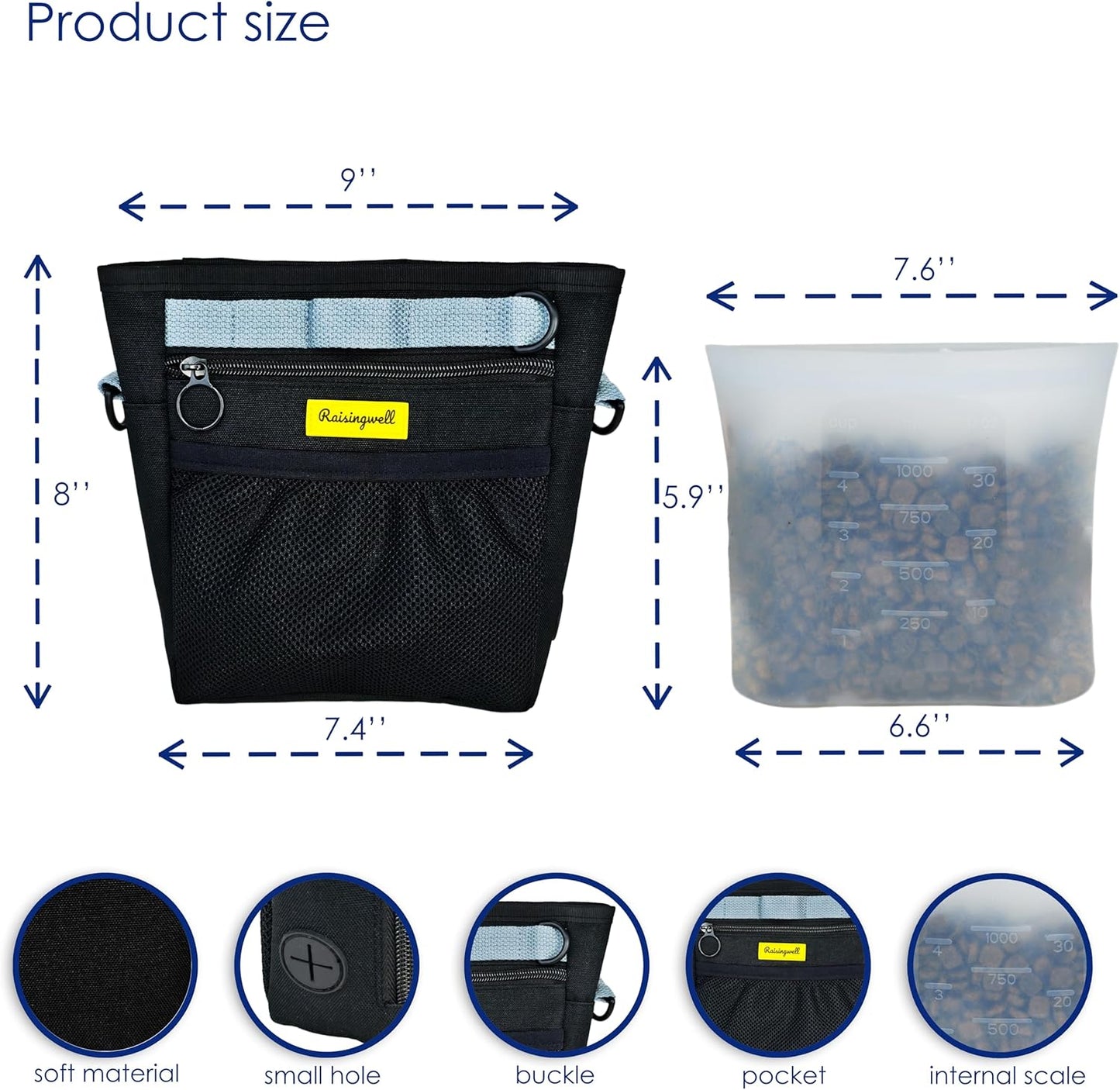 Dog Treat Pouch with Magnetic Closure 4-Cup Silicone Bag Fanny Pack Holder with Clicker 4 Ways to Wear Front Pocket Fits All Phones Ideal for Leash, Pet Walking and Training（Black）