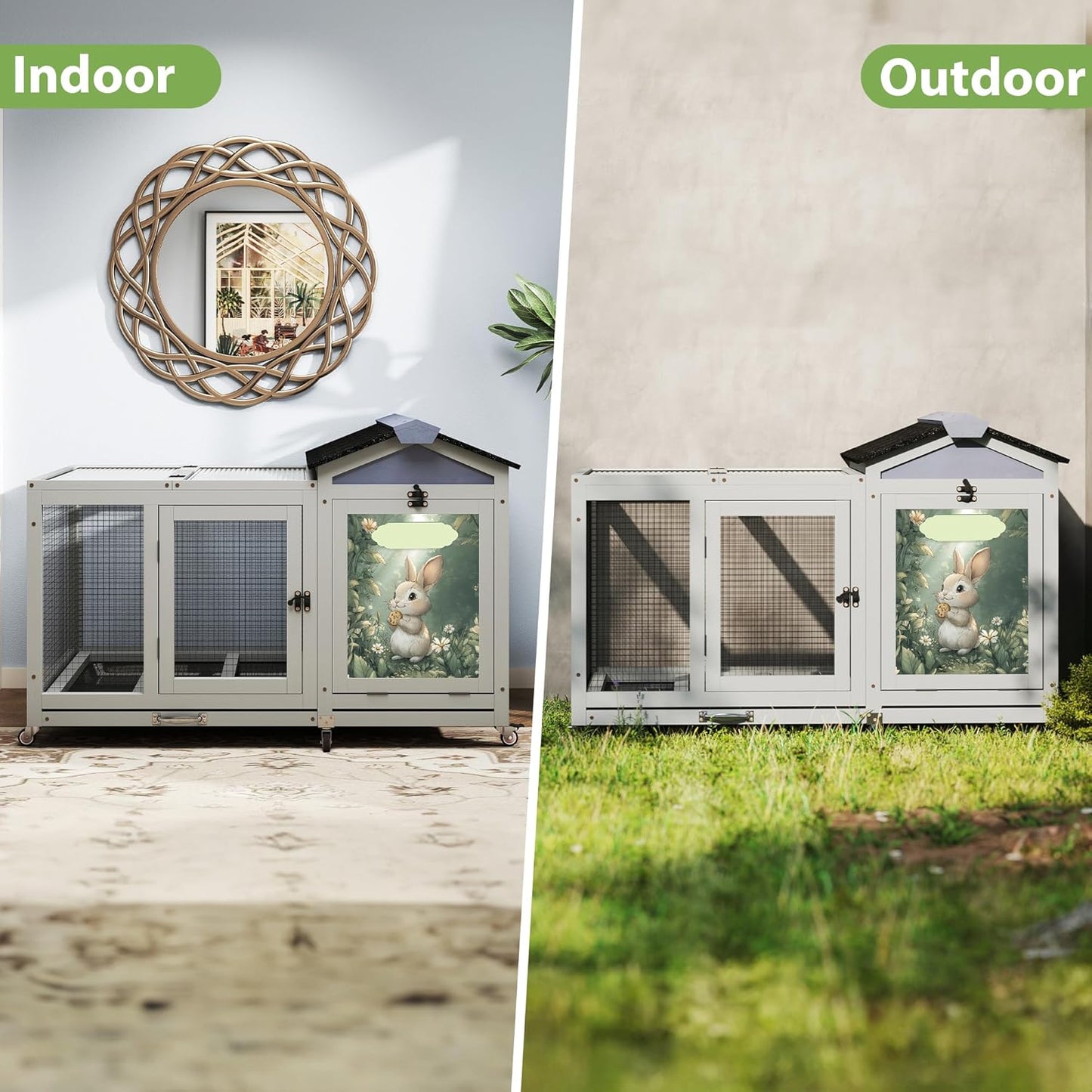 COZIWOW 39inches Assembled Wood Rabbit Hutch Indoor，Wide Space Small Animal Houses with Removable Tray&Safety Lock，Bunny Cage with Waterproof Roof&Solar Panels (Grey with Pattern)