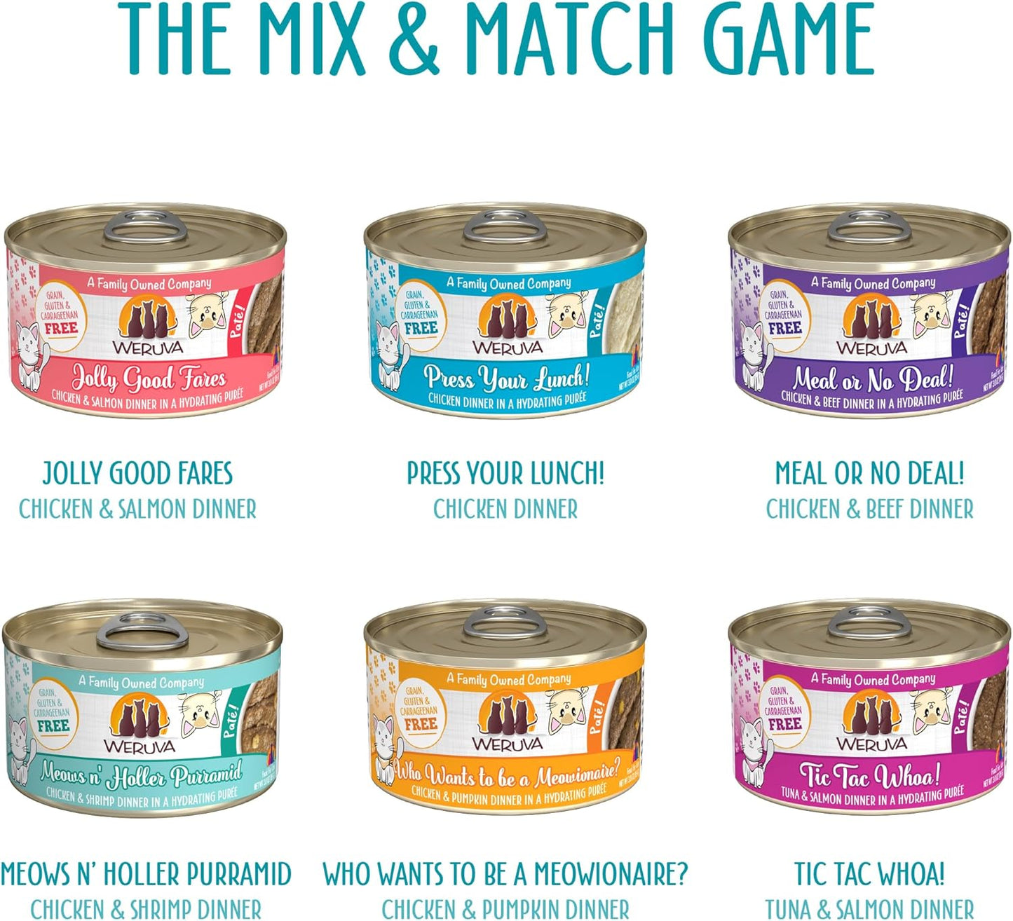 Weruva Wet Cat Food, The Mix and Match Game Pate Variety Pack, 3oz Can, Pack of 18