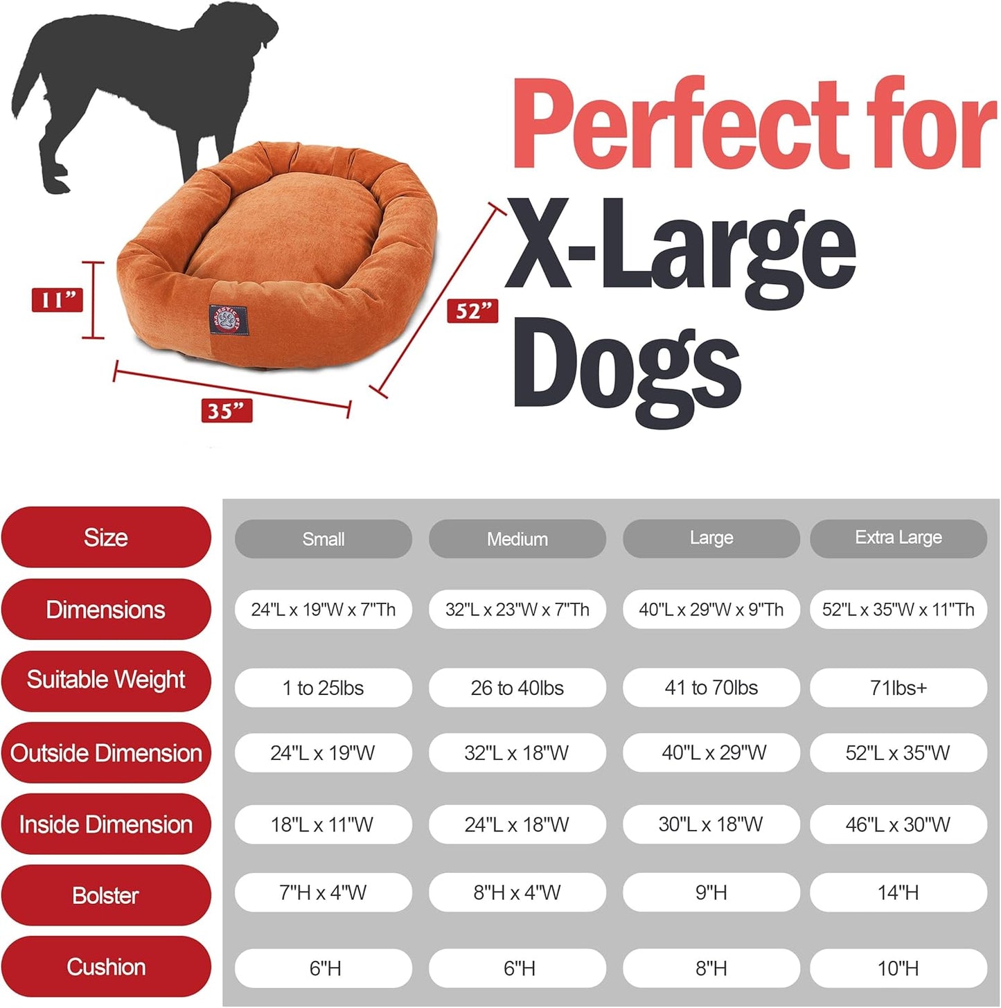 Majestic Pet 52 Inch Micro Velvet Calming Dog Bed Washable 52x35x11 (inch) – Cozy Soft Round Donut Dog Bed with Spine for Head Support -Pet Bed X- Large – Orange (2025)