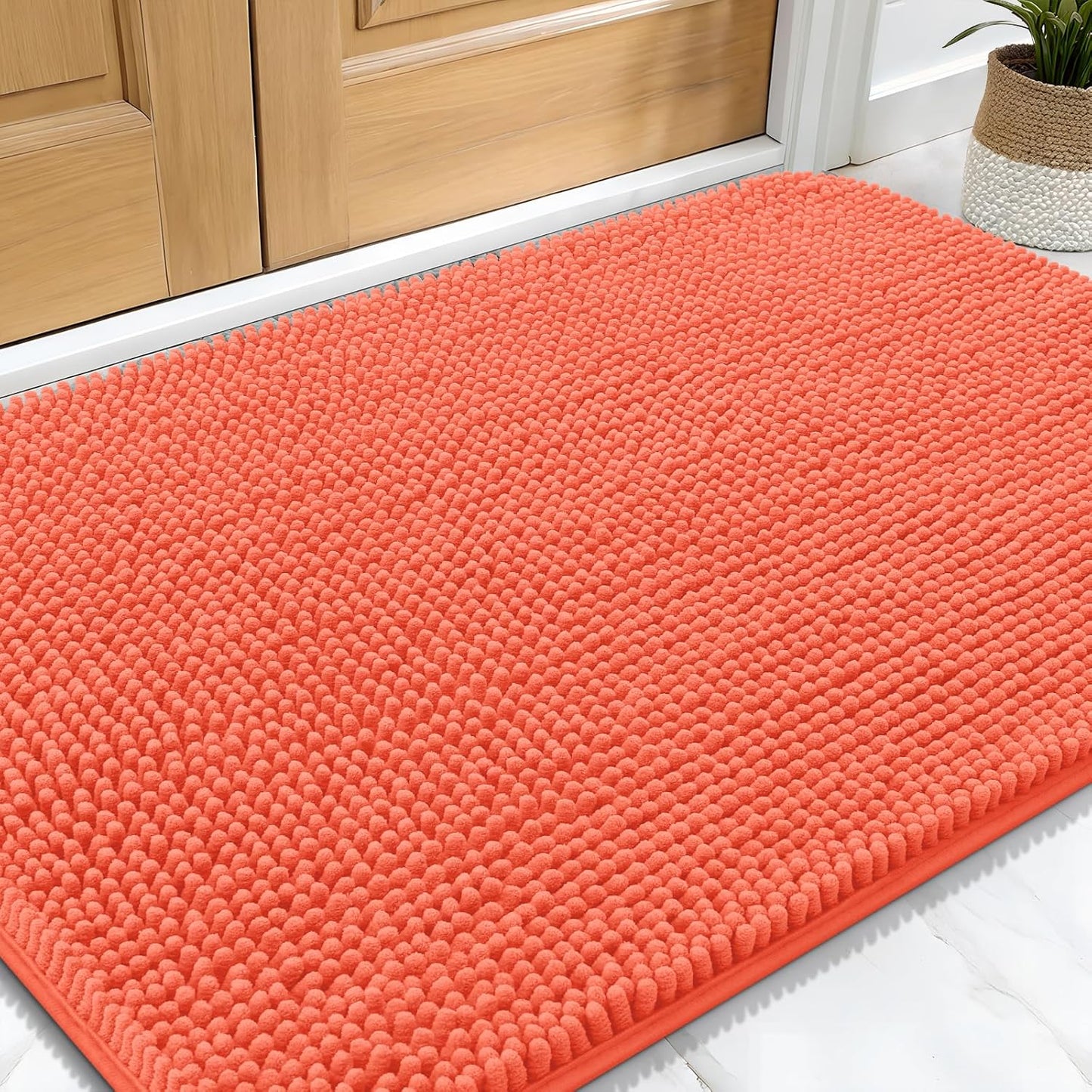 OLANLY Dog Door Mat for Muddy Paws 30x20, Absorbs Moisture and Dirt, Absorbent Non-Slip Washable Doormat, Quick Dry Chenille Mud Mat for Dogs, Entry Indoor Entryway Carpet for Inside Floor, Coral