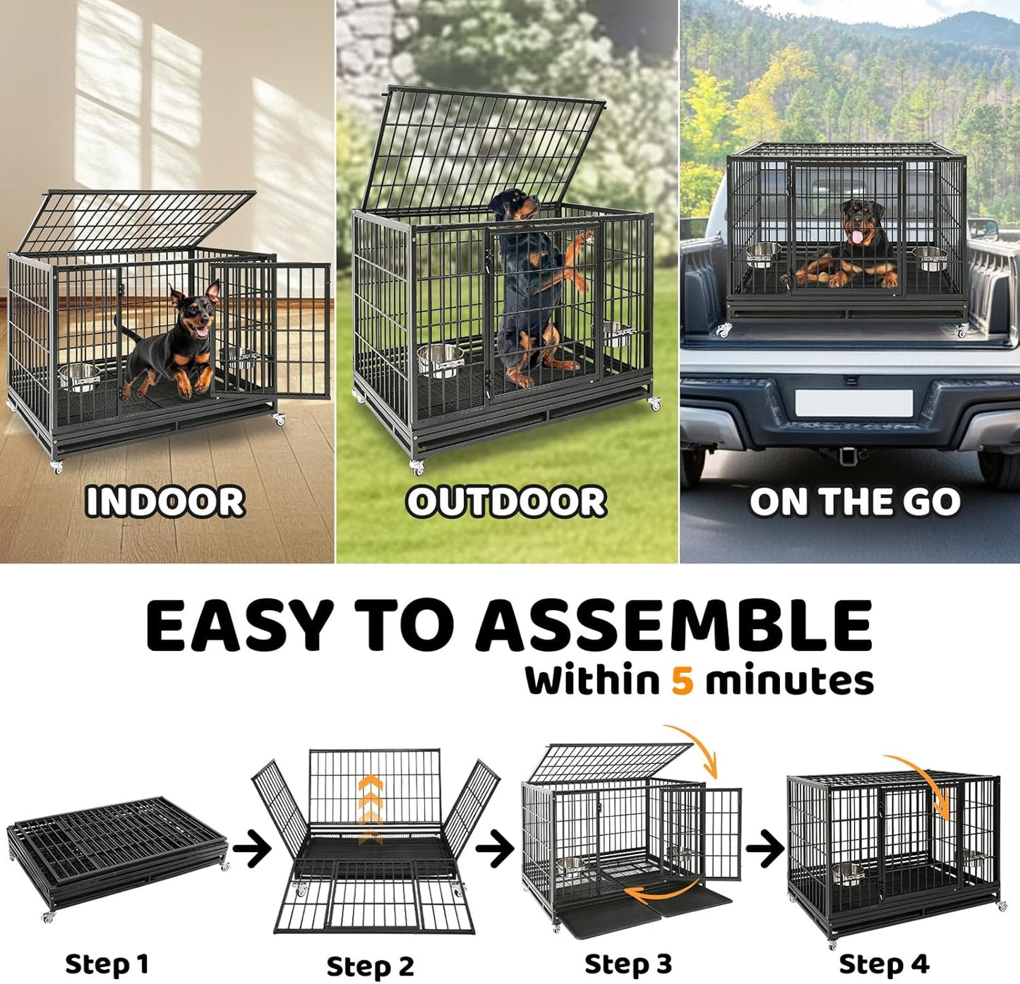 Homey Pet 48 Inch Stackable Heavy Duty Dog Crate Indestructible, Escape Proof Dog Cage with Wheels, Two Removable Trays, High Anxiety Dog Kennel Indoor, Extra Large XL XXL Dog Crates for Large Dogs
